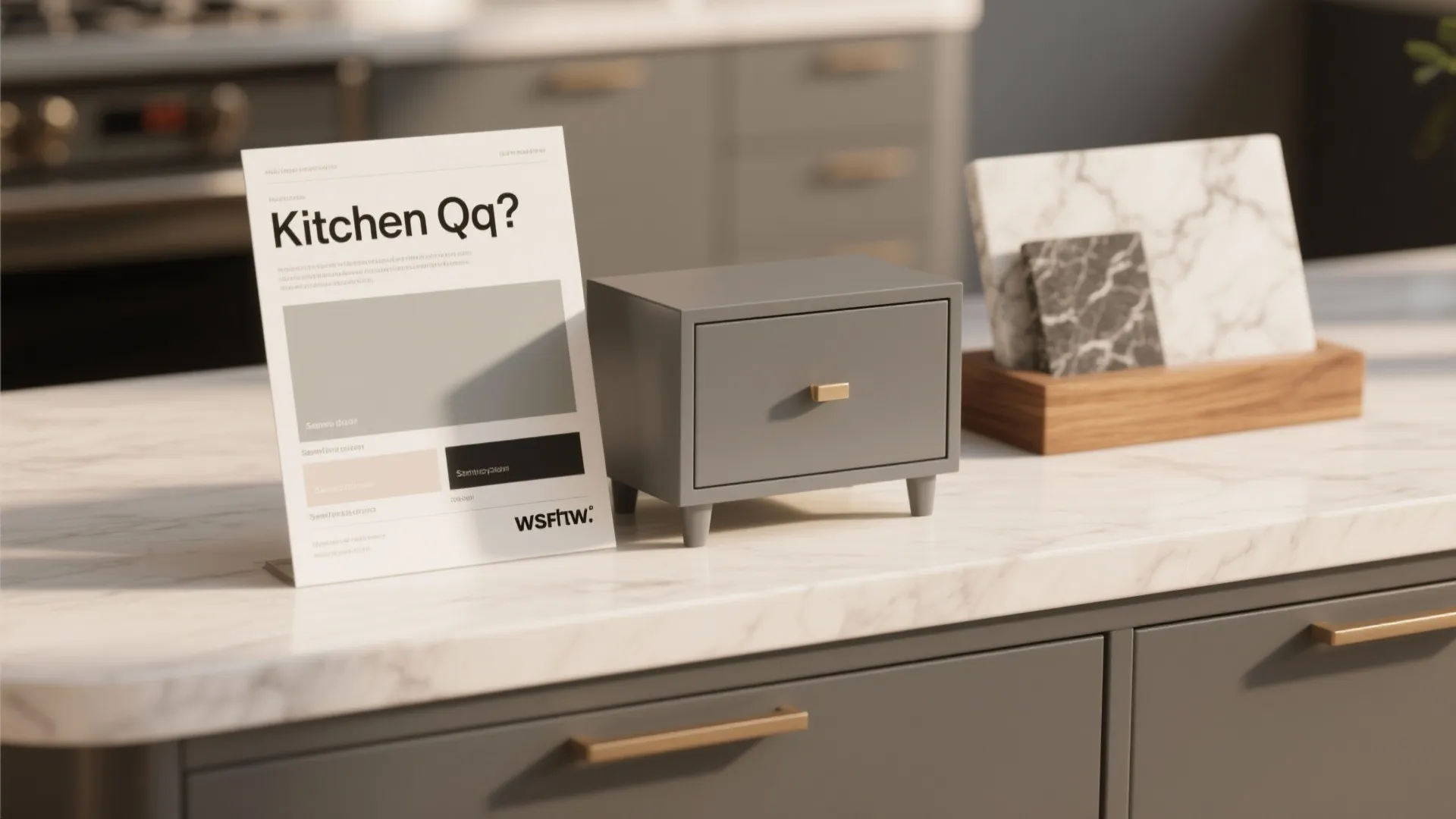 Styled desk with paint finish samples, slate gray cabinet model, and material swatches for kitchen FAQ