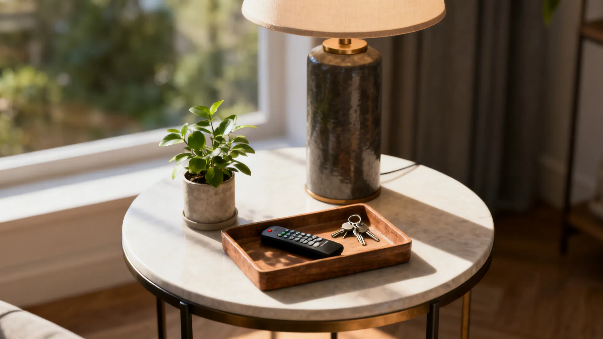 Styled round side table with lamp, plant, and tray illustrating practical styling tips.