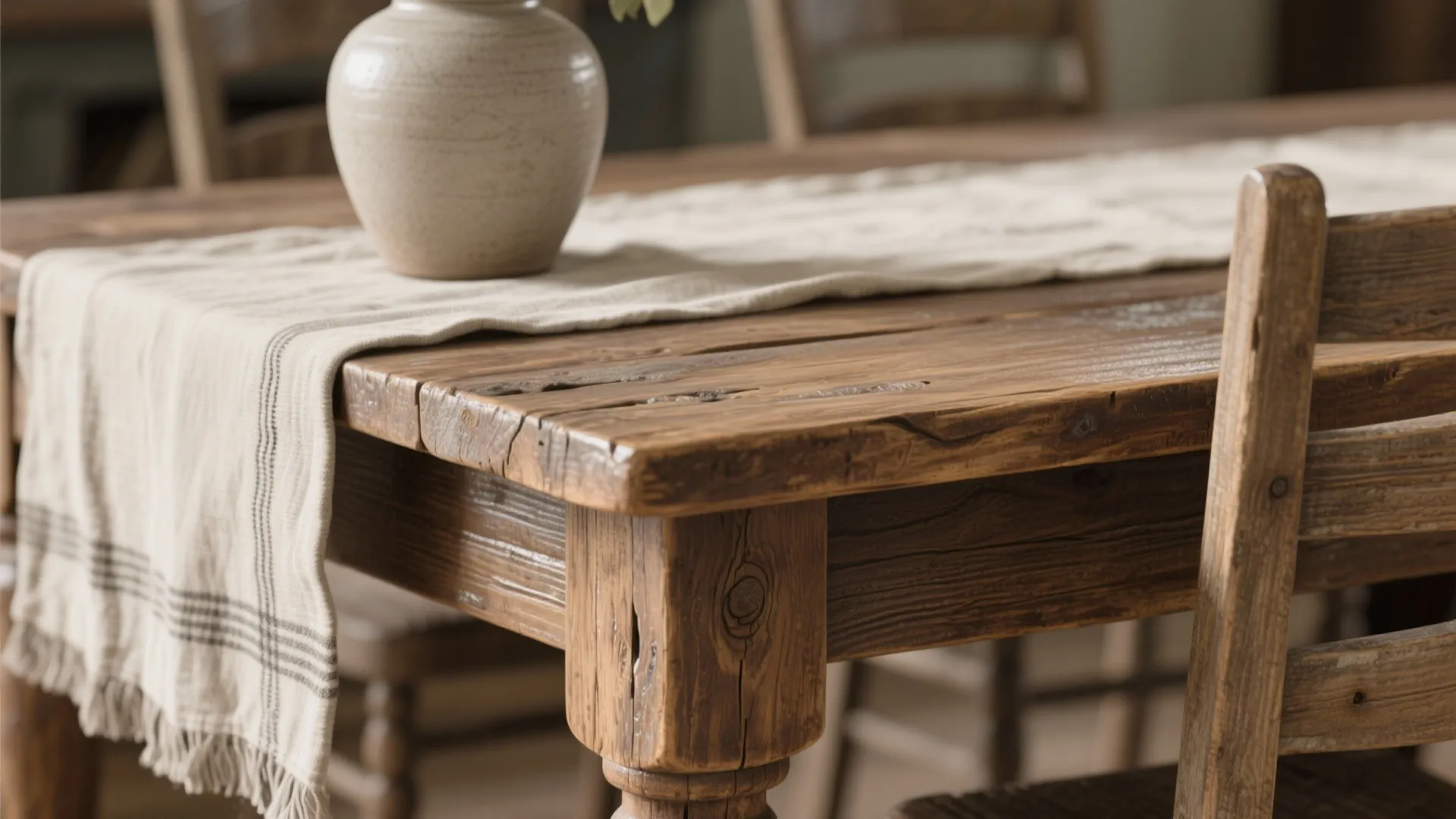 Close up of a wooden dining table with a fabric runner and a ceramic vase