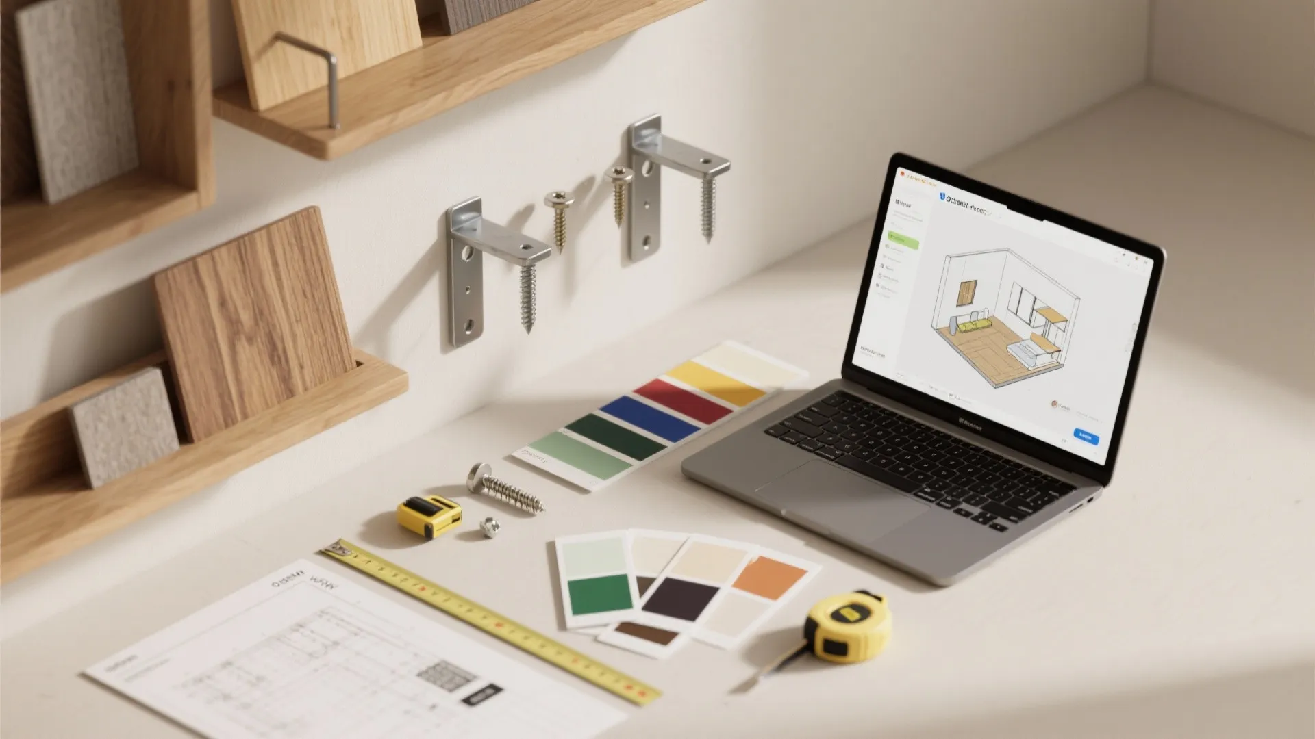 Laptop showing room design software with color samples and measuring tape on a white desk