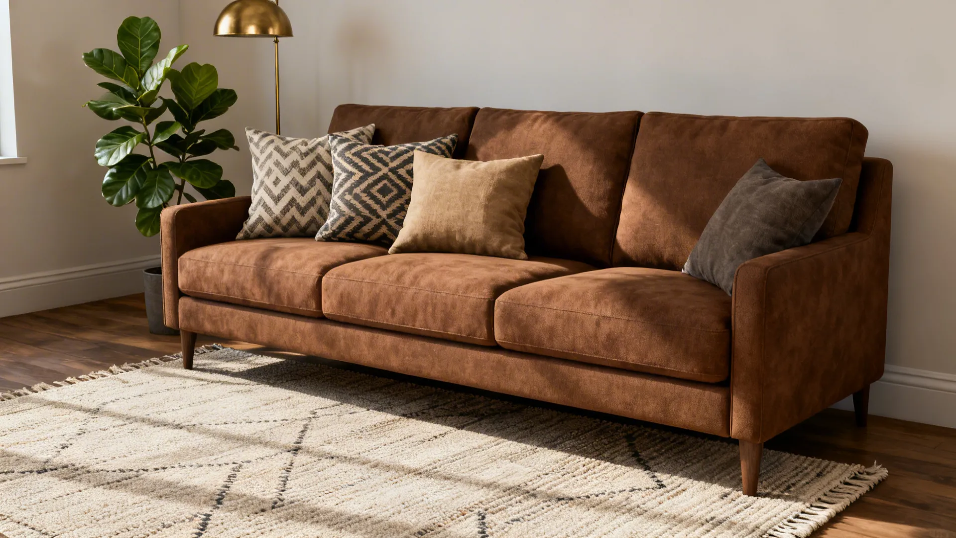 Brown sofa with decorative pillows on a patterned rug next to a green potted plant