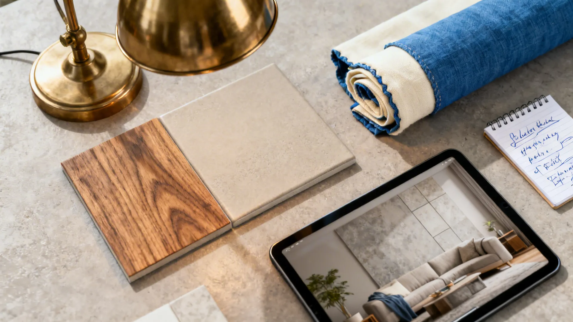 Styling elements including brass, wood, fabric swatches and a digital room mockup