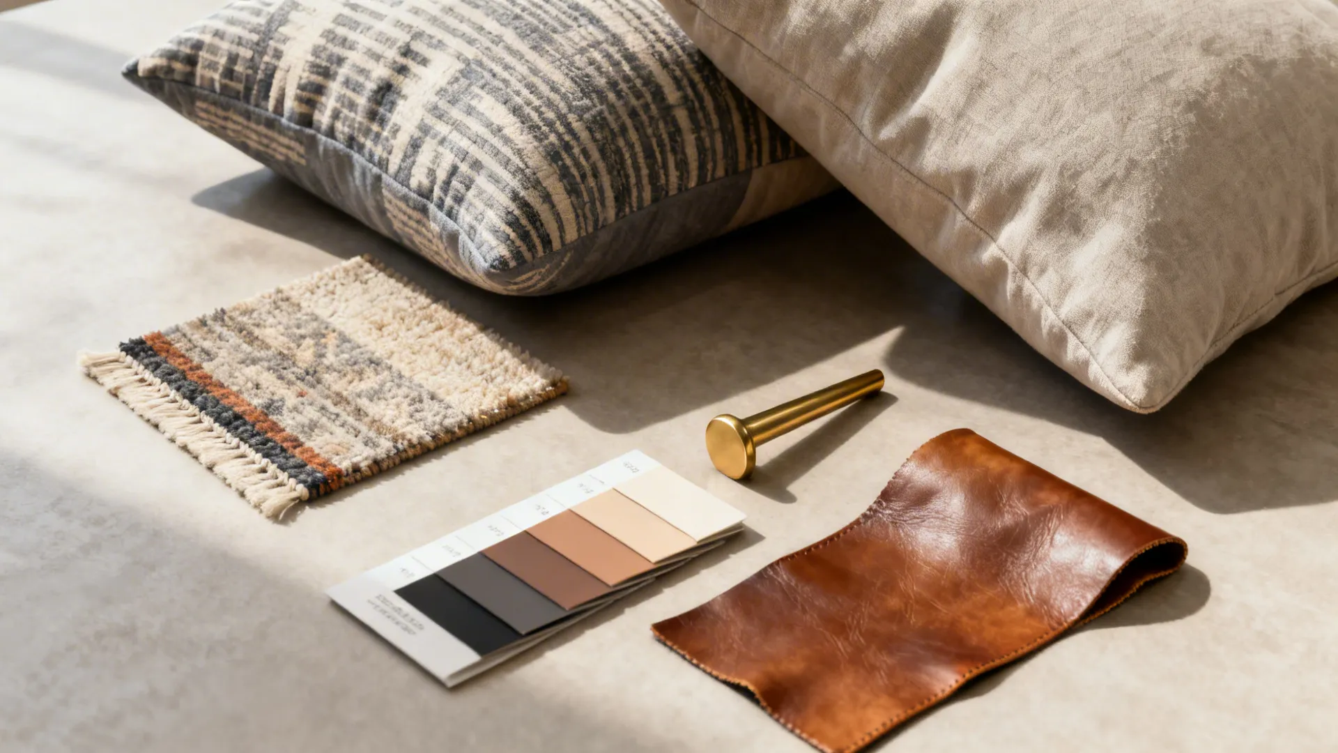 Flatlay of pillows, rug sample, color chips and leather swatch for quick styling fixes