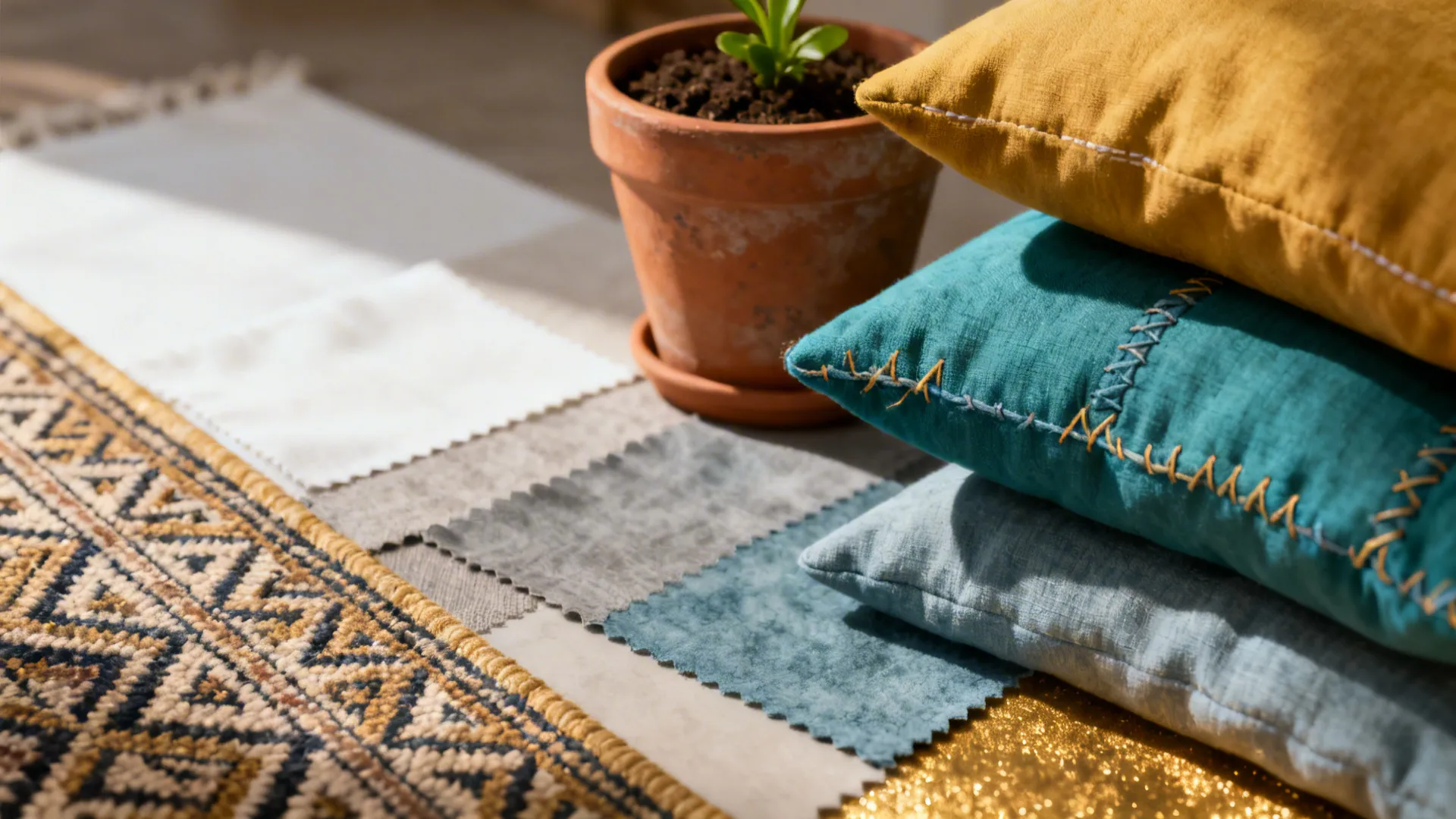 Stack of colorful pillows next to fabric swatches a small plant pot and patterned rug
