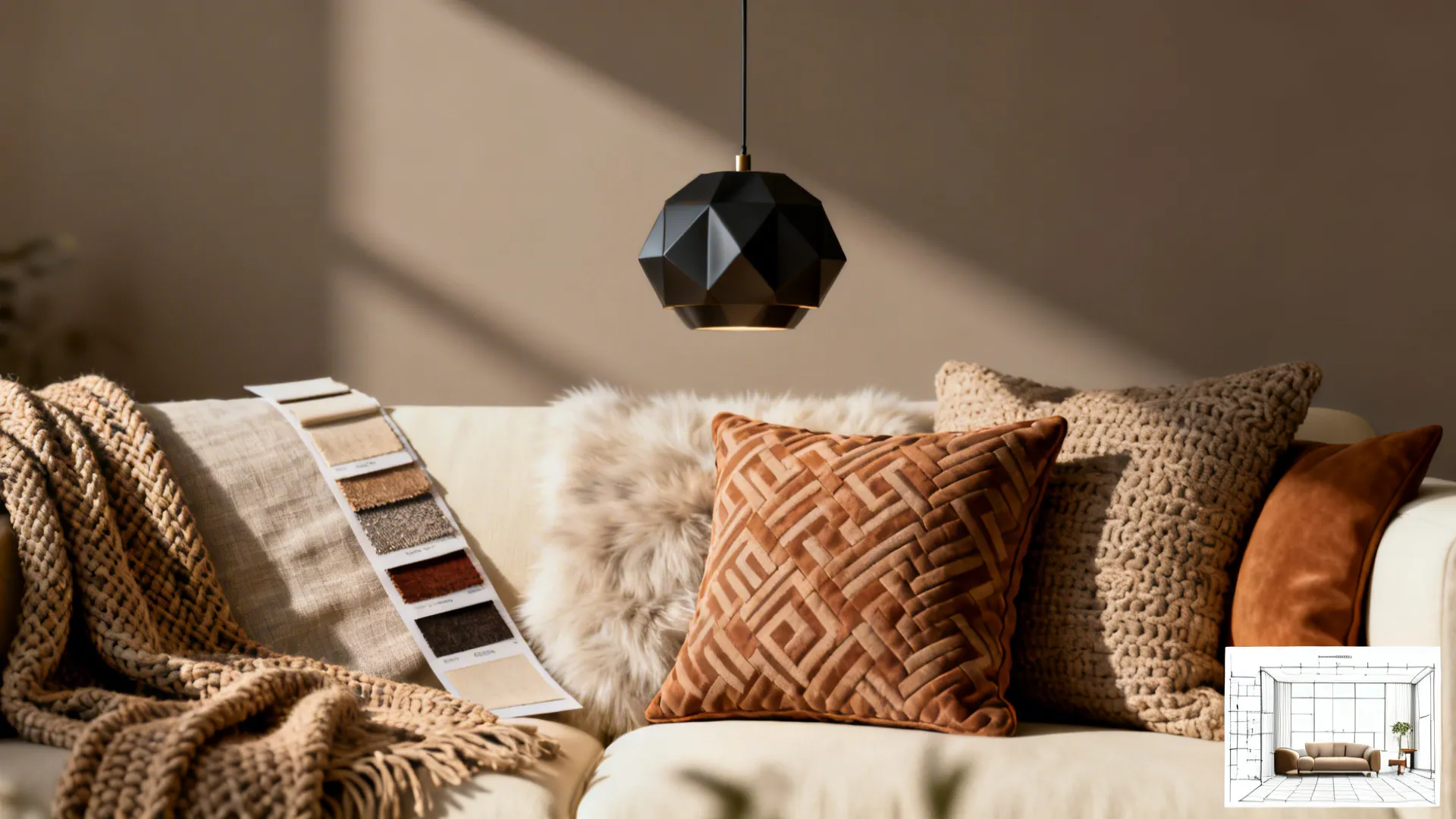 Budget styling vignette with a high-impact accessory, textured throws, and a small floor planner mockup.