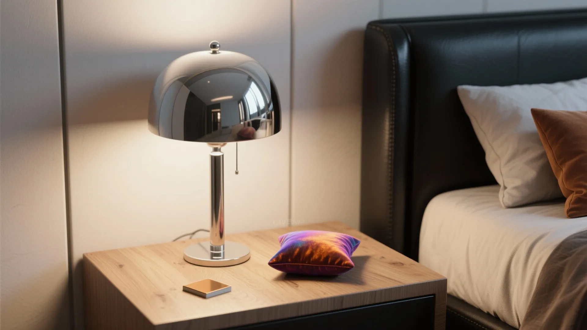 Silver metal table lamp on a wooden bedside table next to a black leather bed