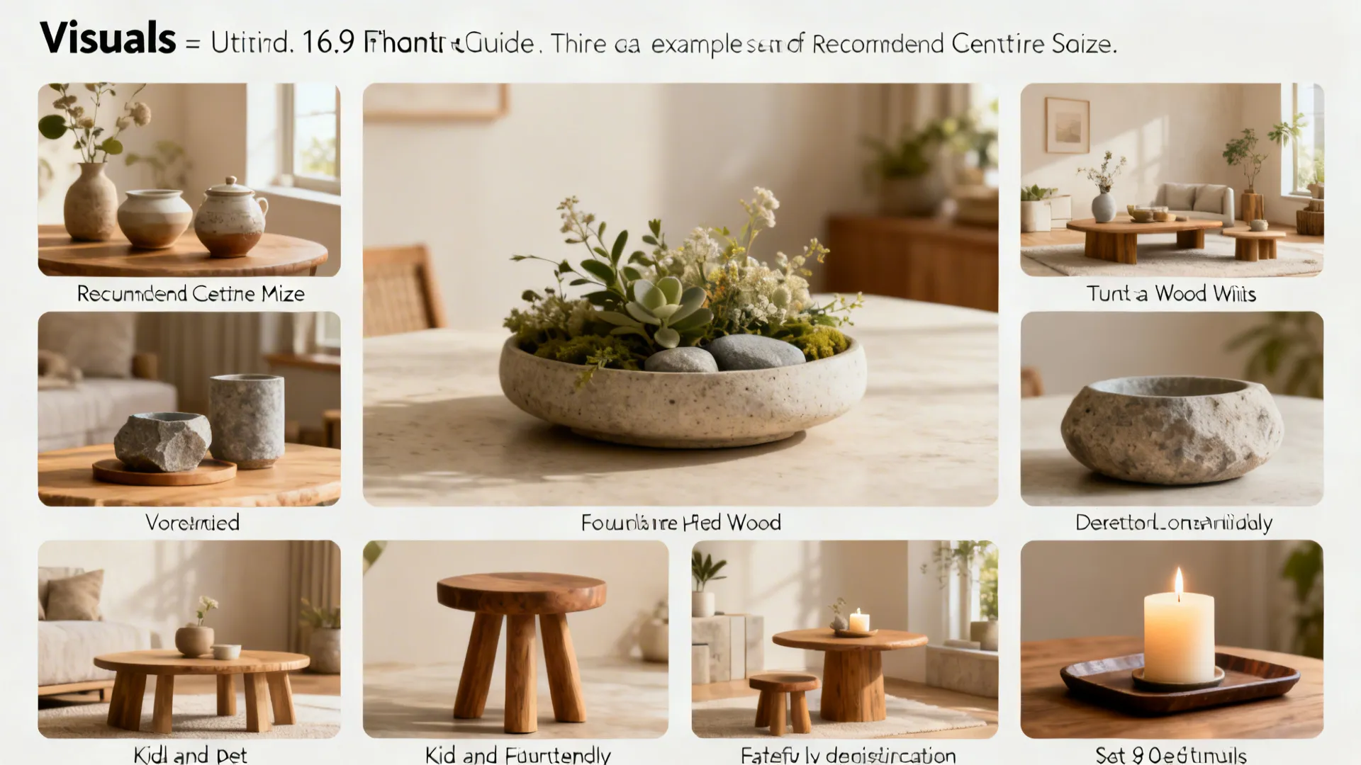 Infographic layout showcasing various home styling examples including wooden furniture vases plants and lit candle