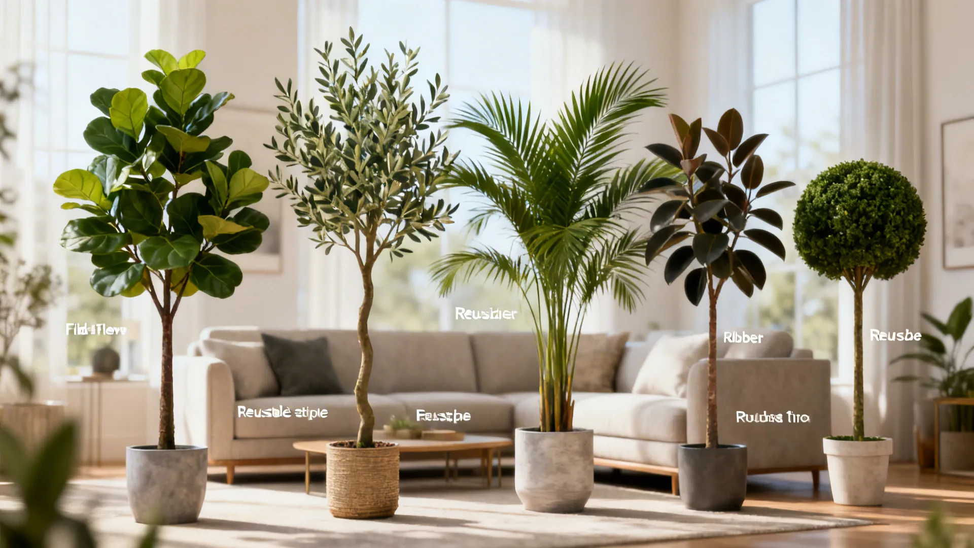 Row of five different indoor potted plants with labels in modern living room with sofa