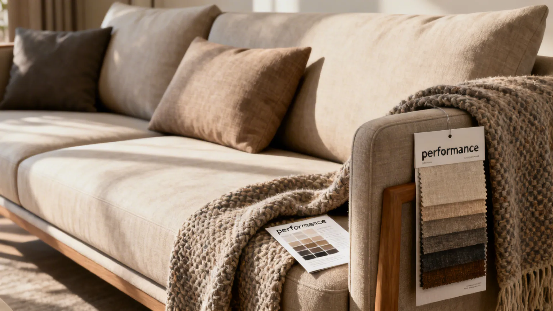 Cushions, throws and performance fabric swatches illustrating quick styling and durable material choices