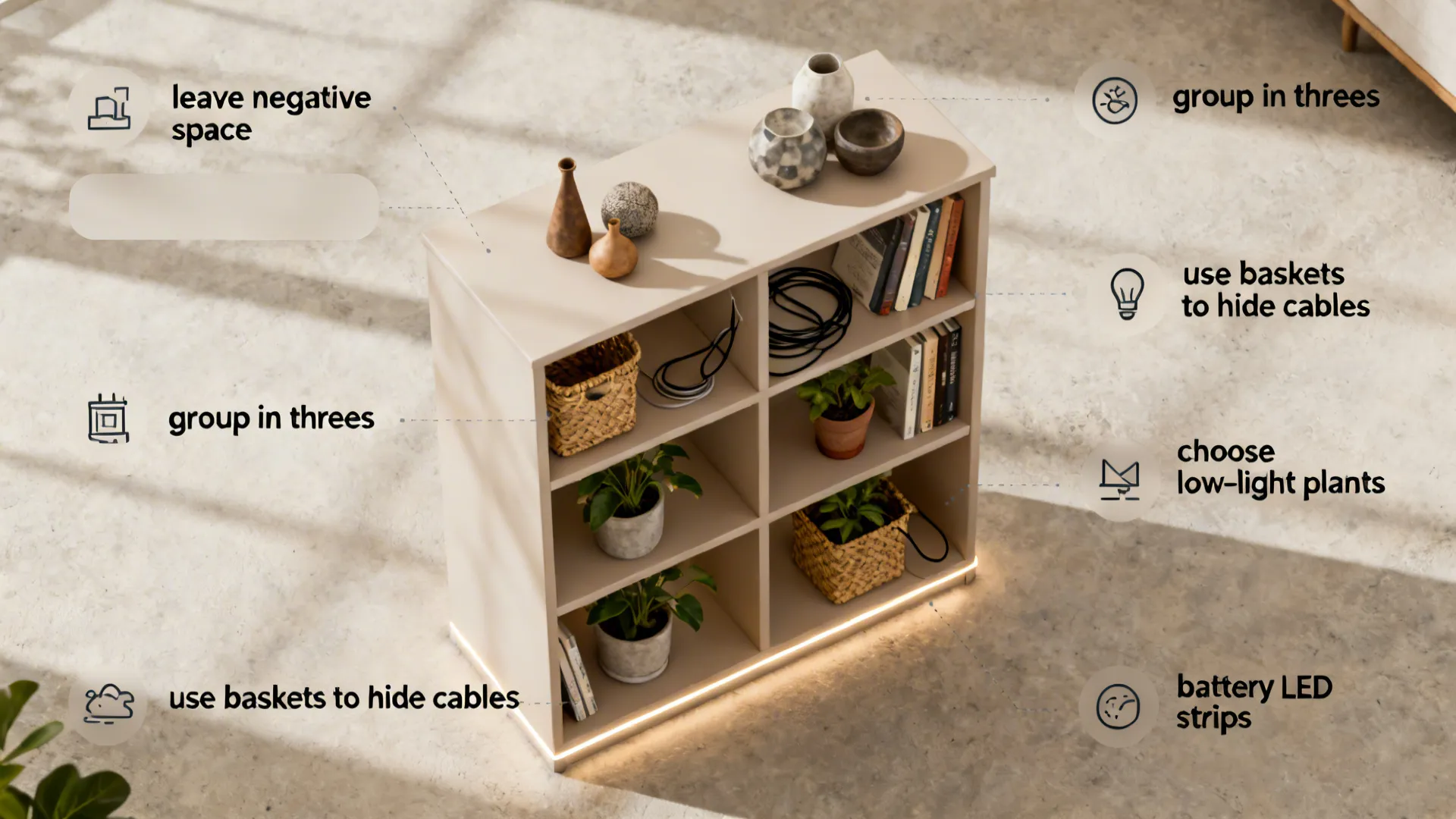Top-down visual guide of quick styling tips for small bookcases including grouping, baskets, plants and lighting.