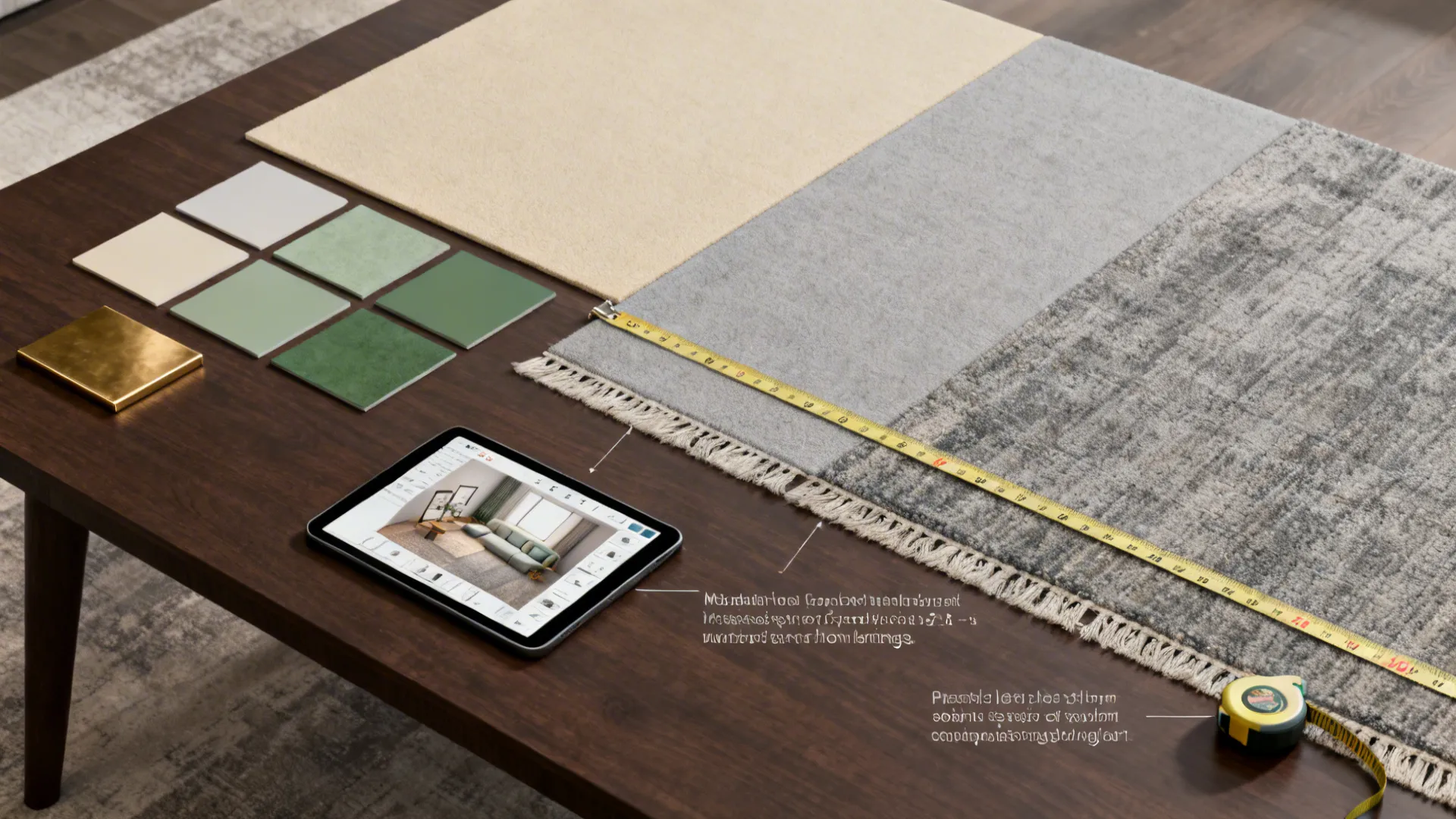 Top-down view of styling samples, rug measuring tape, color swatches and a room planner tablet on a dark wood table.