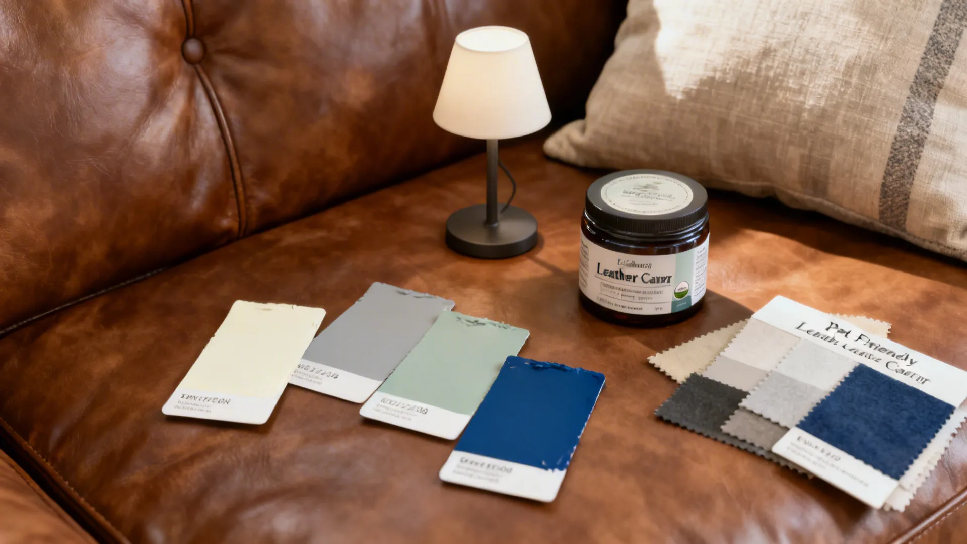 Styling samples including paint chips and cushion swatches for brown leather couches.