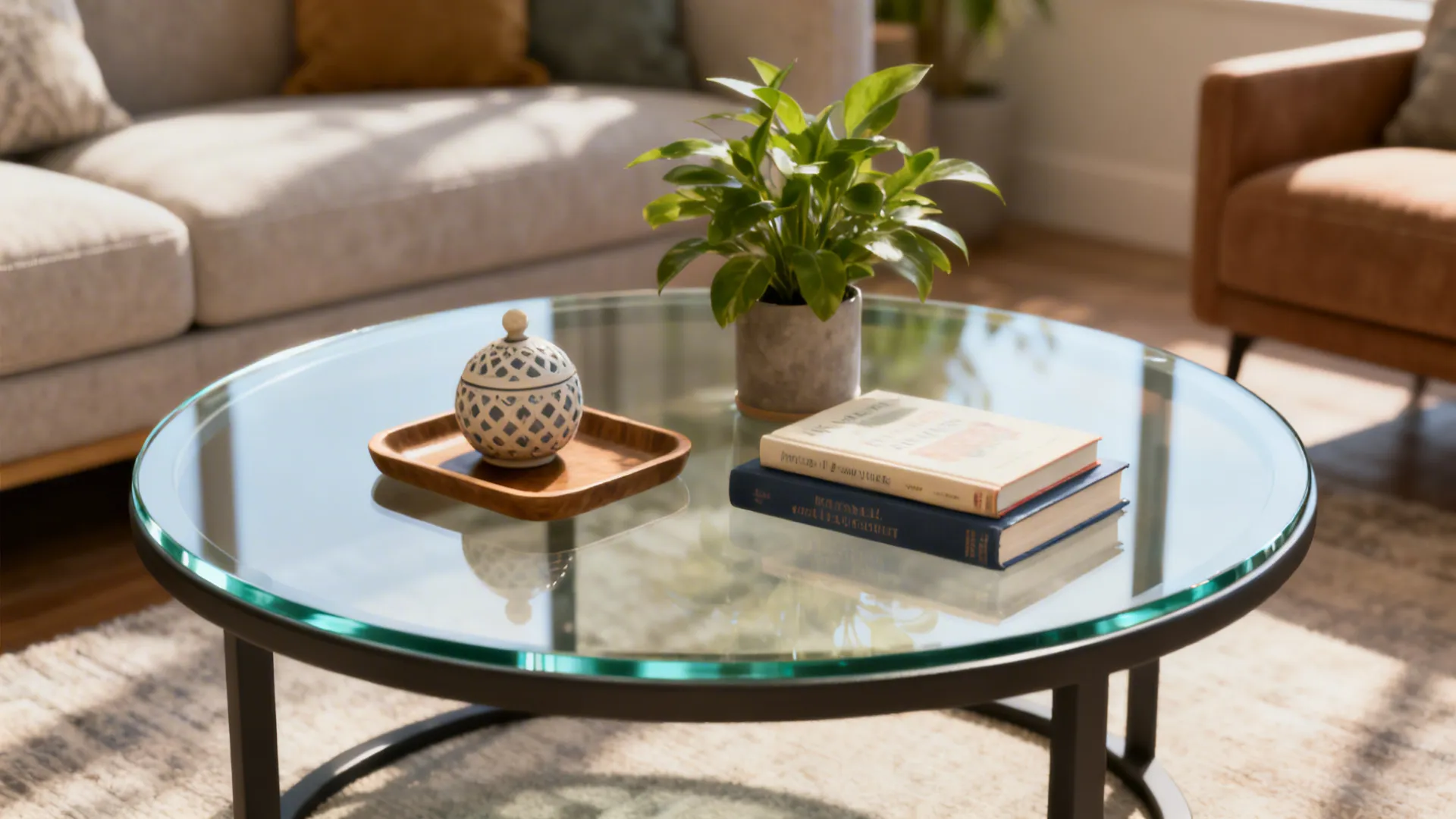 Styled round coffee table with a tray, a small plant, and books demonstrating clutter-free styling and tempered glass safety.