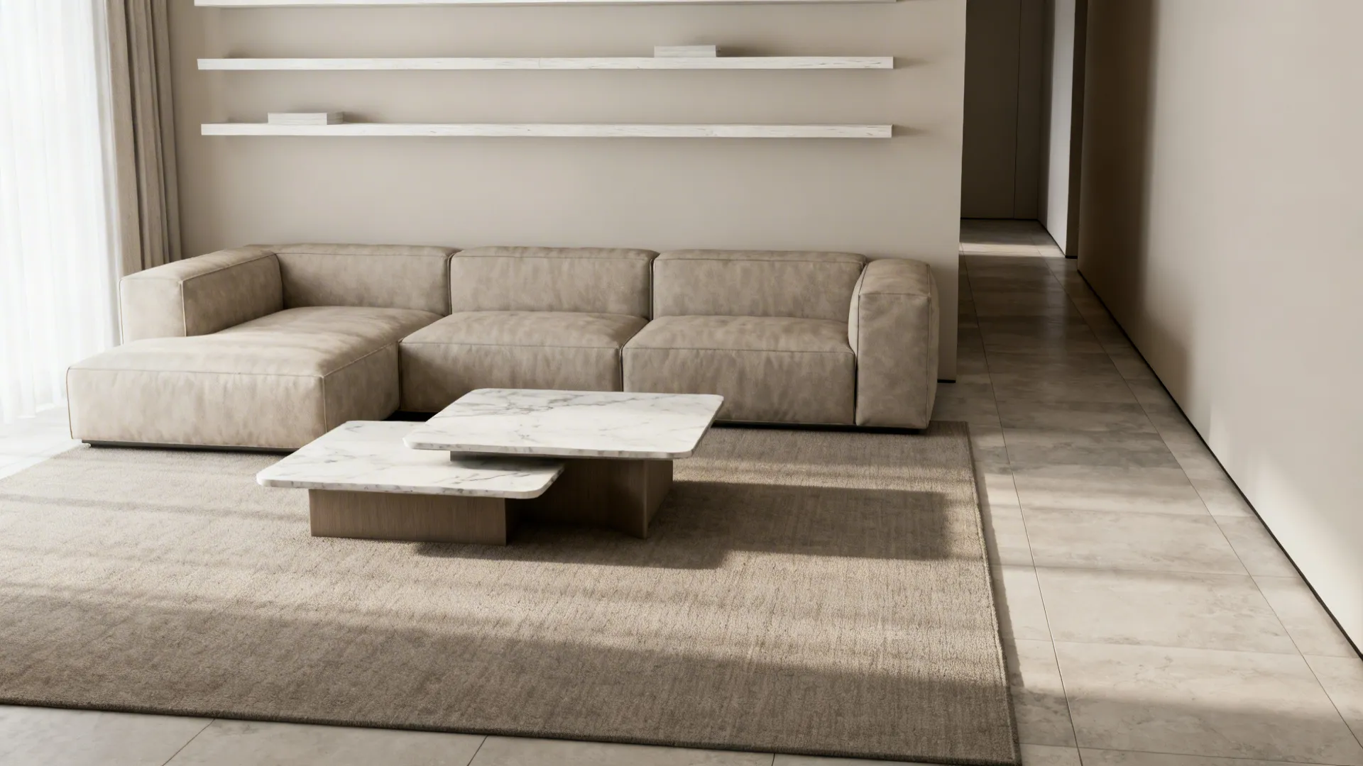 Styling vignette with rug, floating shelves, nesting tables, and clear walkway to illustrate FAQ tips.