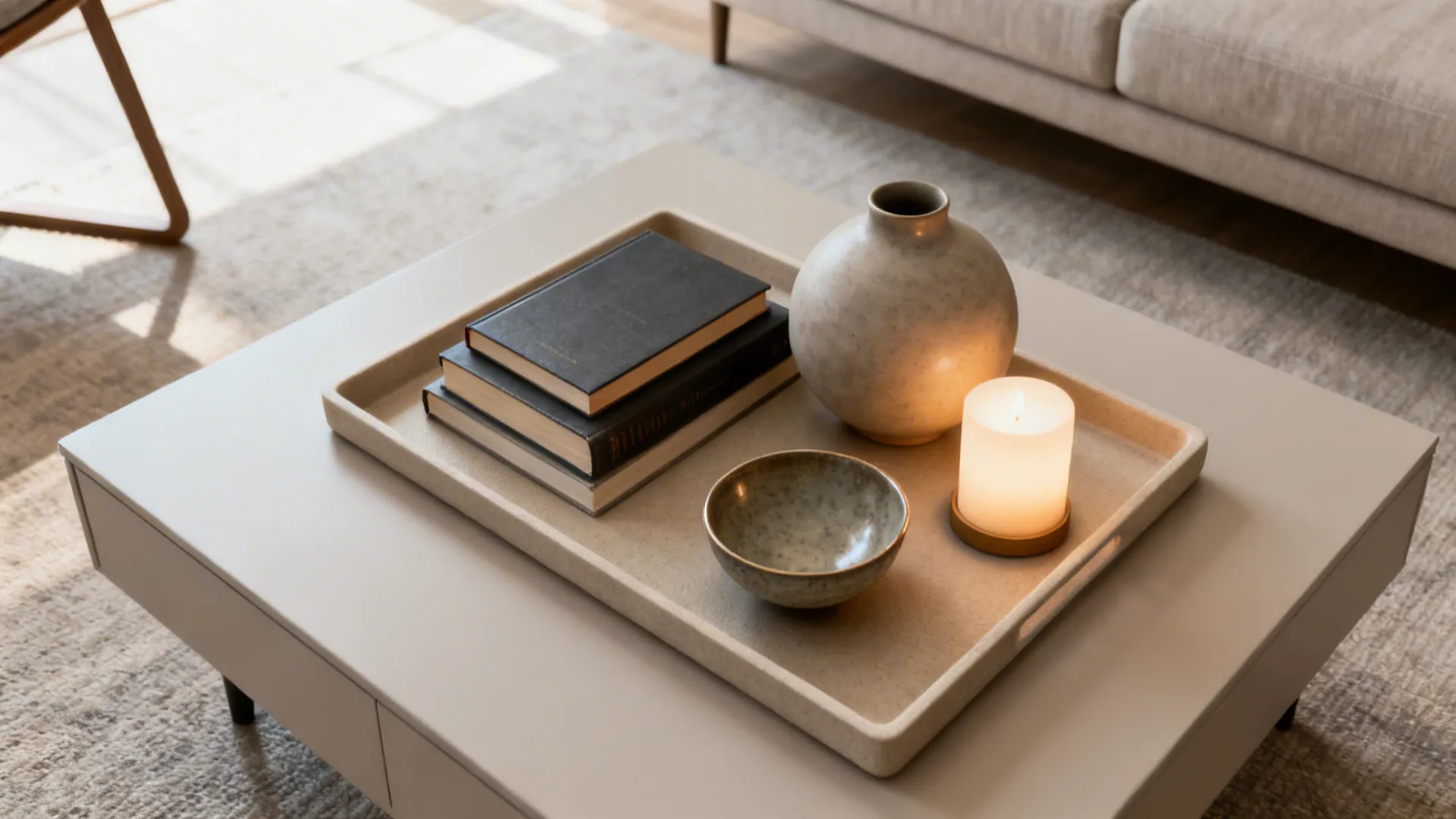 Top-down view of a small centre table with a tray and a balanced three-to-five item arrangement with clear space.