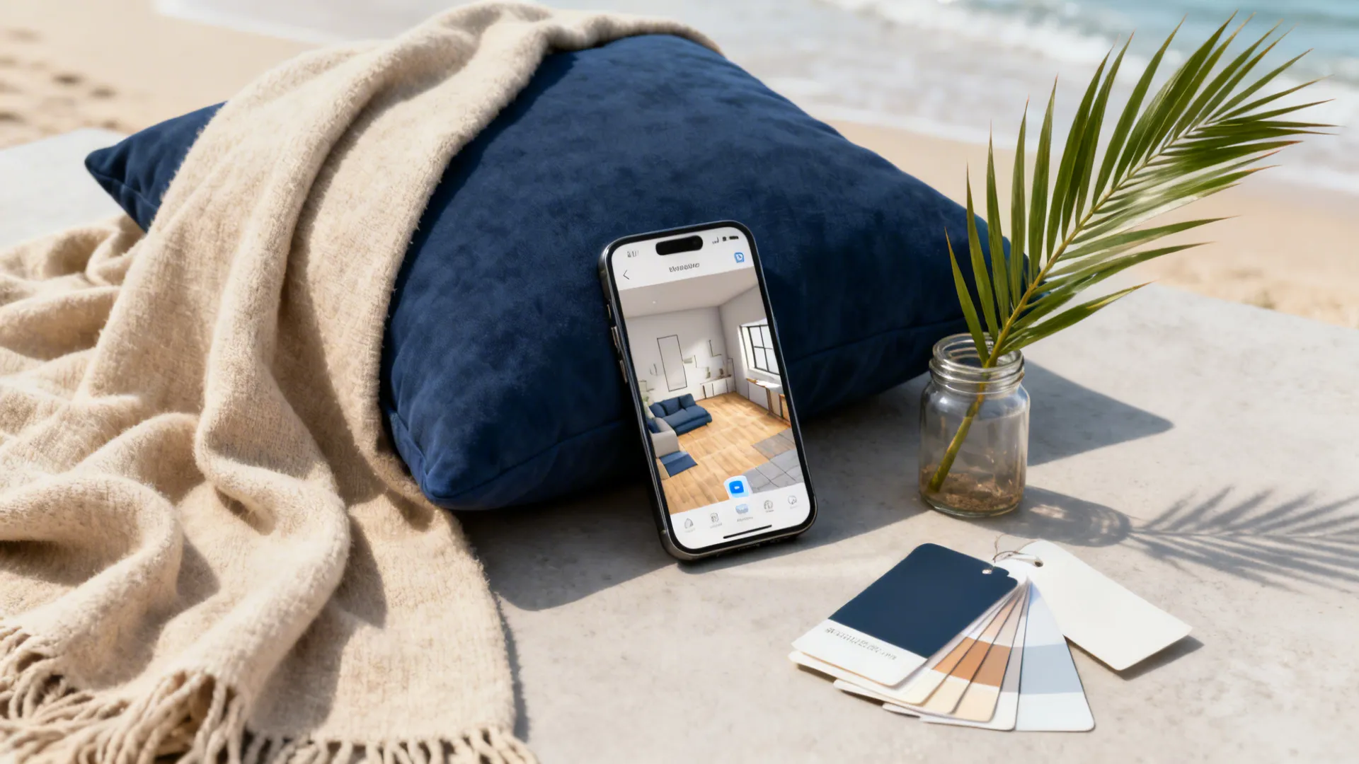 Curated vignette showing navy pillow, sandy throw, plant frond, paint cards and a phone with room planner.