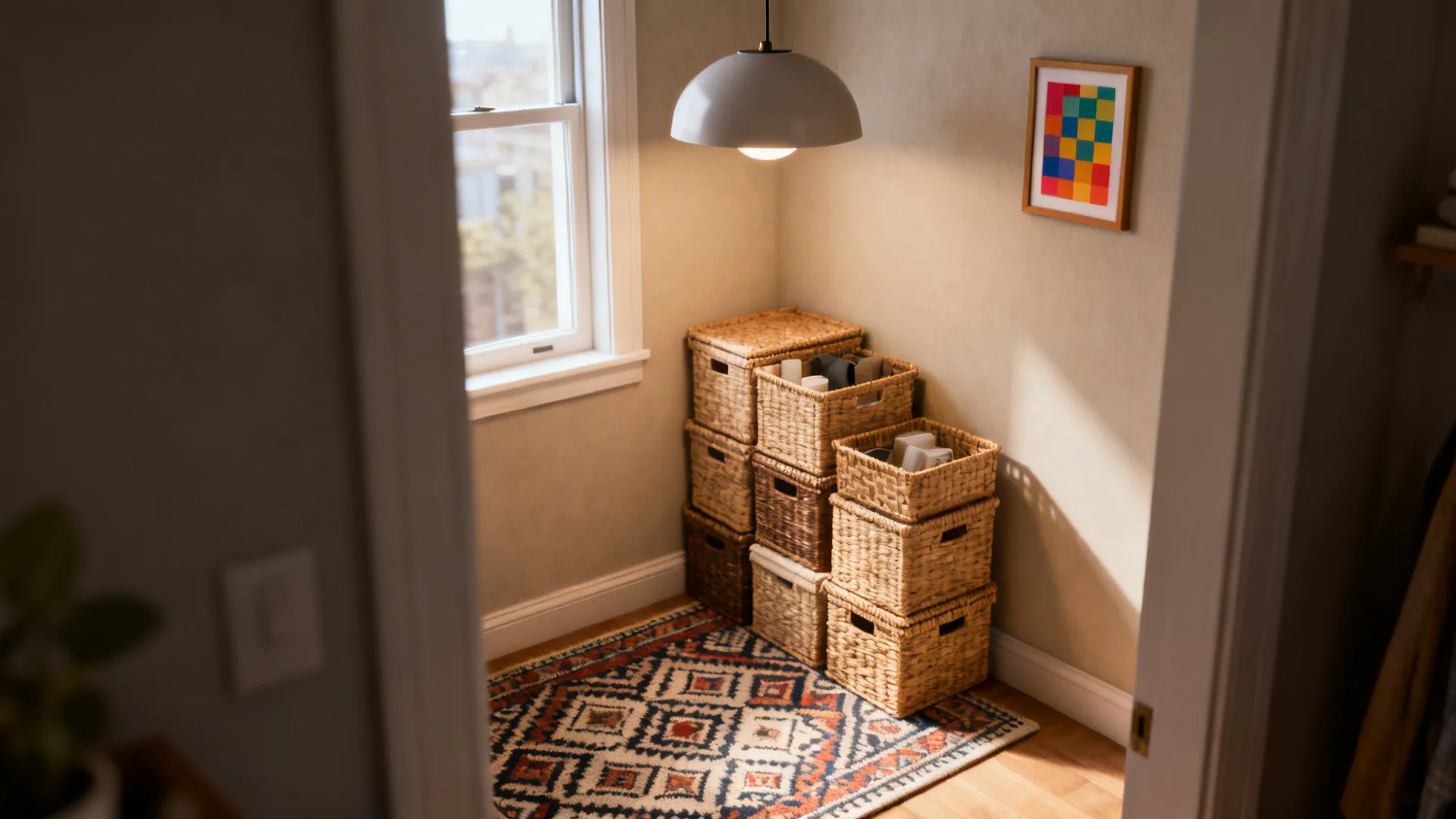 Small apartment corner showing a statement rug, pendant light, and organized storage as quick updates.