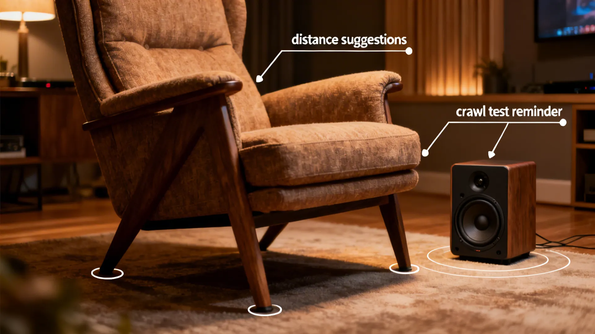 Listening chair with subwoofer and callouts illustrating placement tips and distances.
