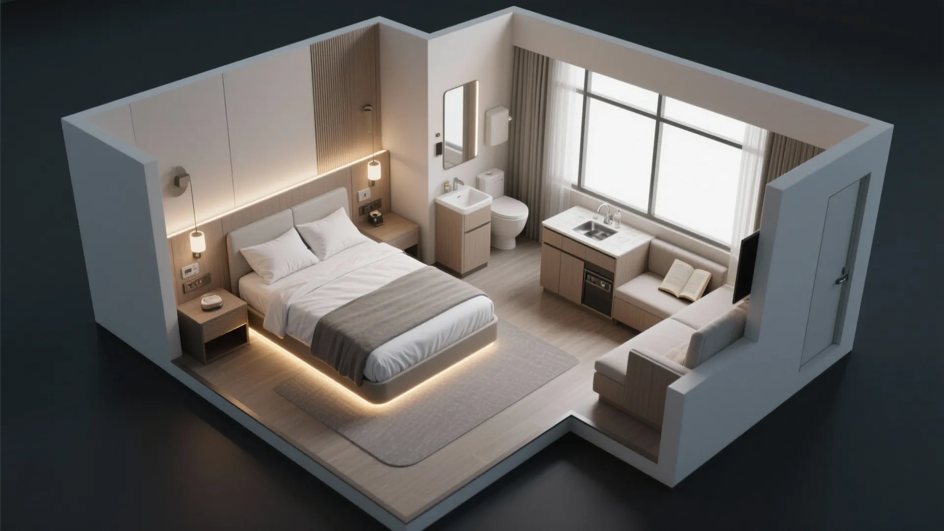 Interior design drawing of a studio room layout with bed bathroom kitchen and seating area