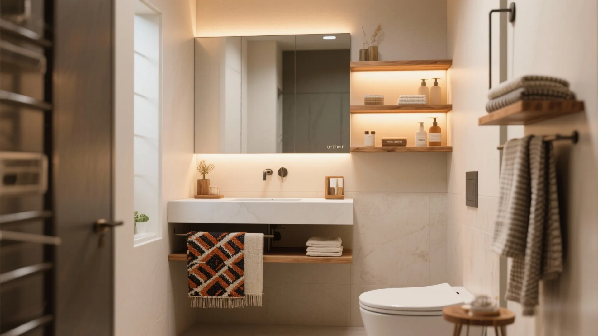 Vignette of a small bathroom combining minimalist vanity, bold textile, layered lighting and wood accents as a cohesive example.