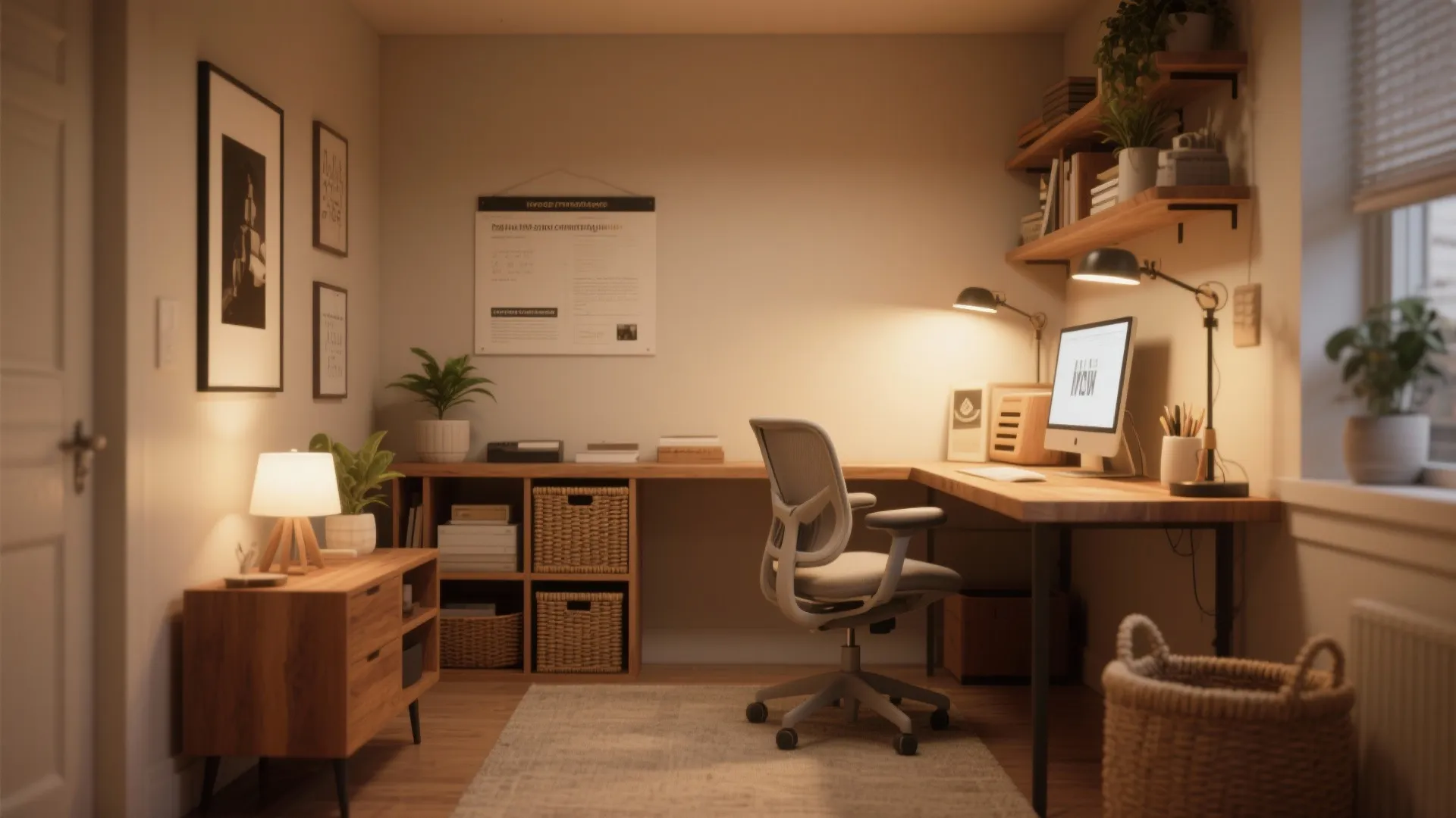 Corner home office with wooden desk grey chair wall shelves storage baskets and warm ambient lighting