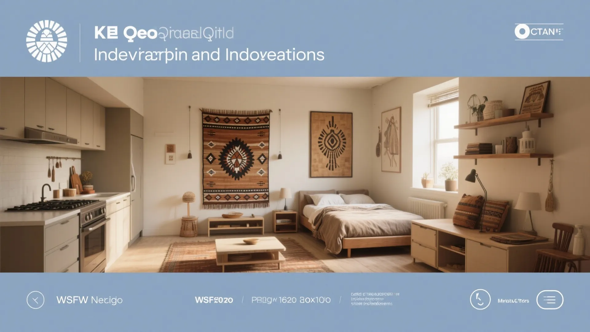 Modern studio apartment layout combining small kitchen and cozy bedroom with wooden furniture and neutral colors