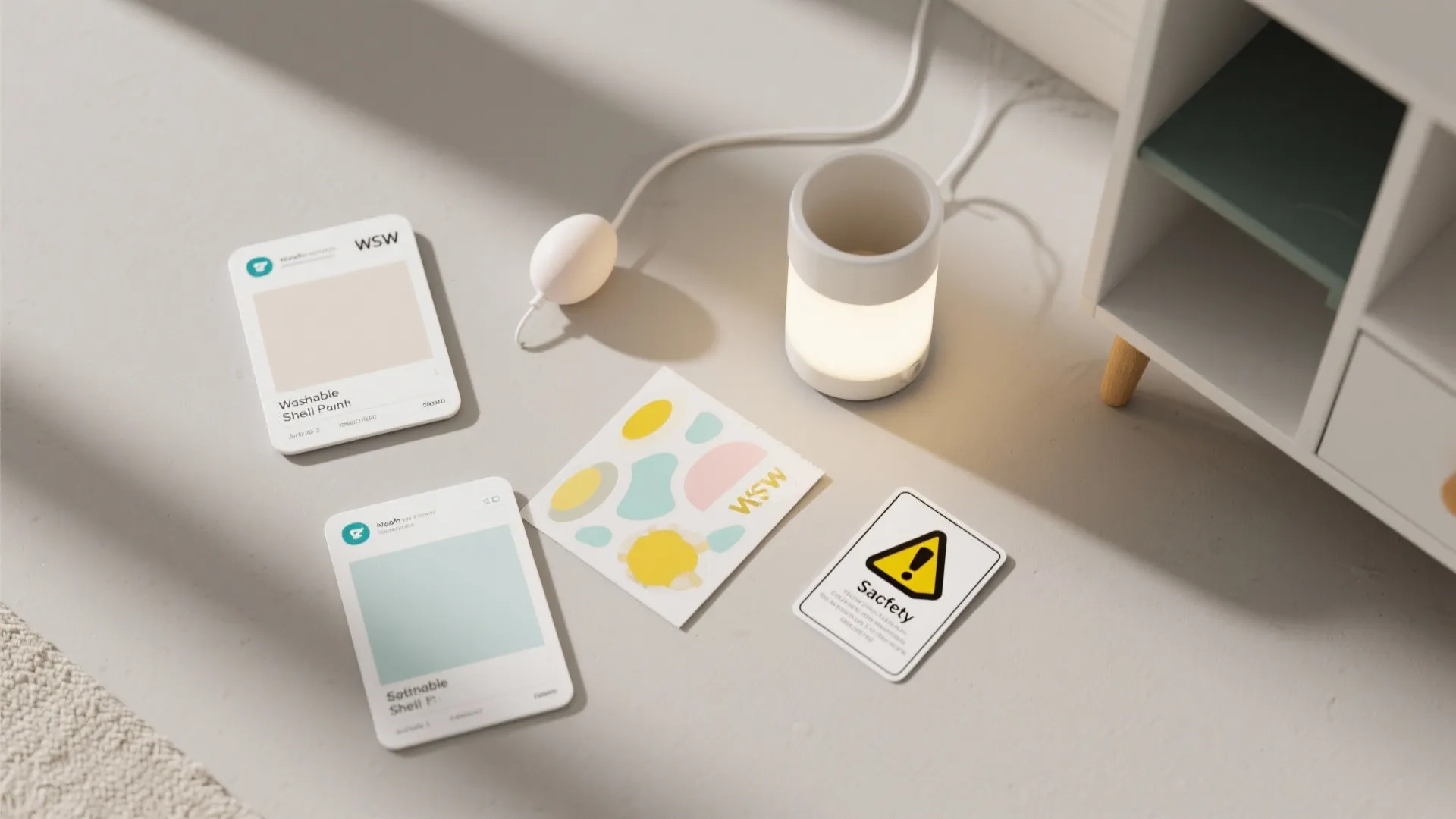 Flatlay summarizing paint finishes, removable decals, storage and lighting options for a child's room.