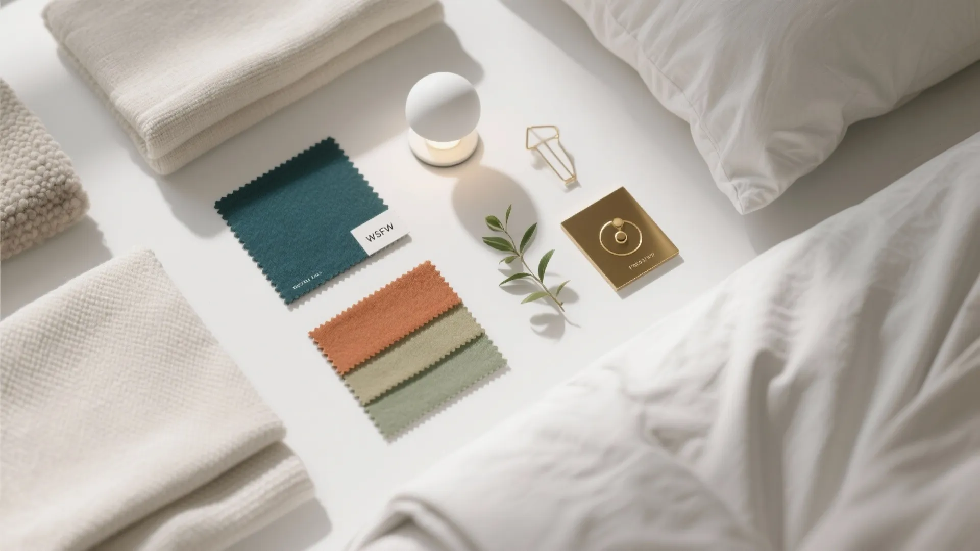 White bedding with fabric color swatches small round light fixture and green leaf on surface