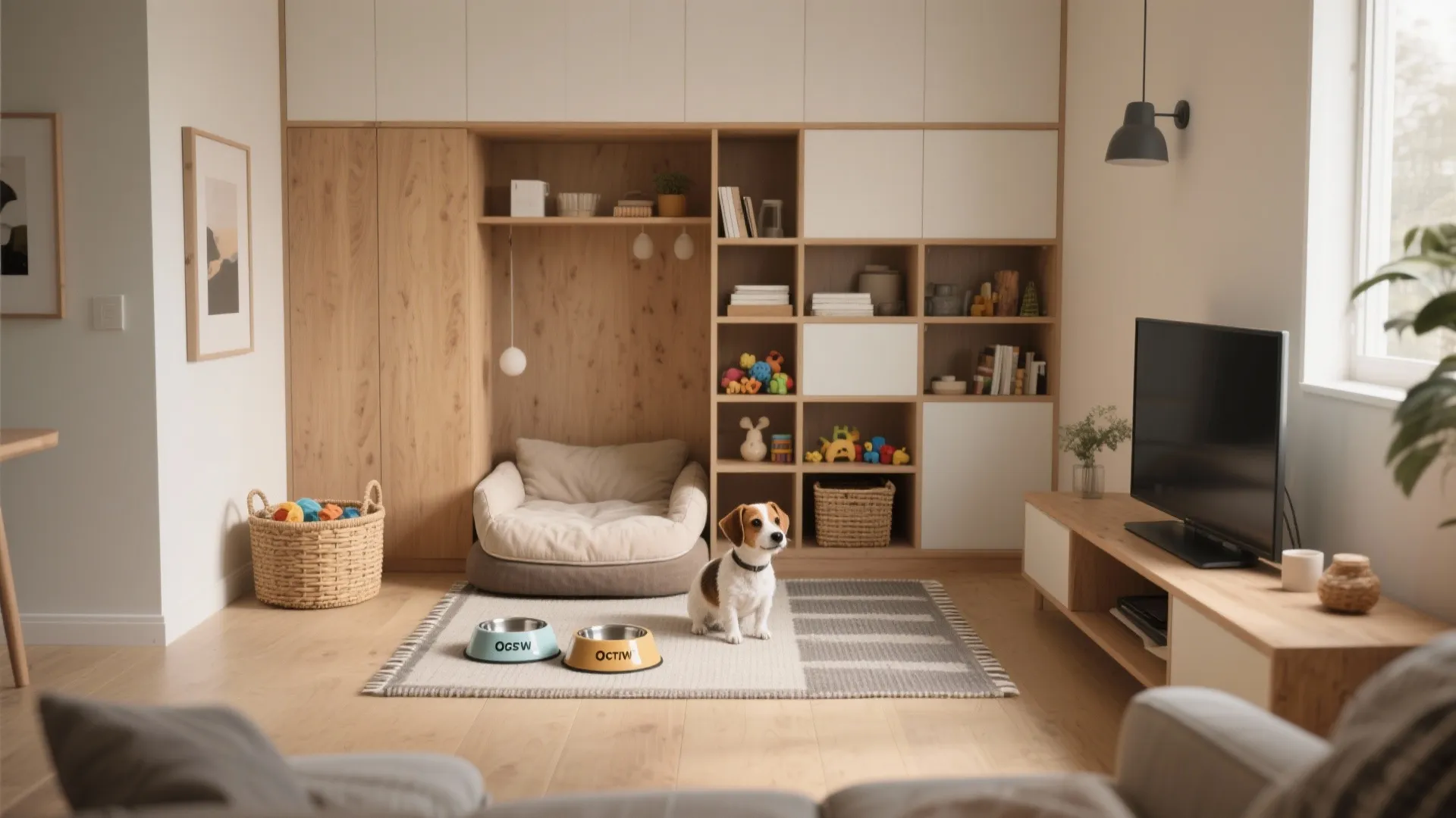 Small dog sits on rug in living room with wooden wall cabinets and pet bed