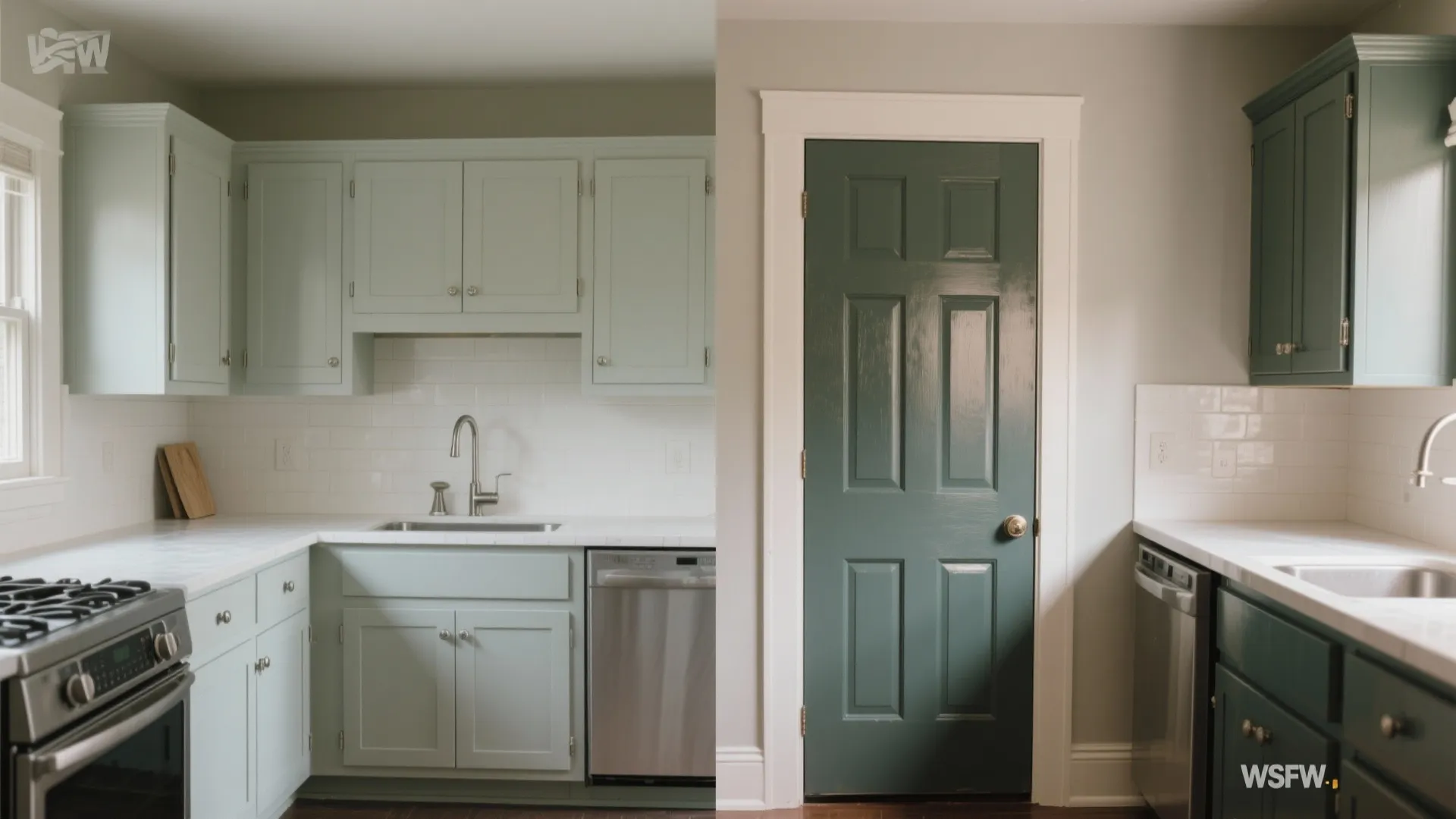 Side by side interior design drawing comparison of light green and dark green kitchen cabinets