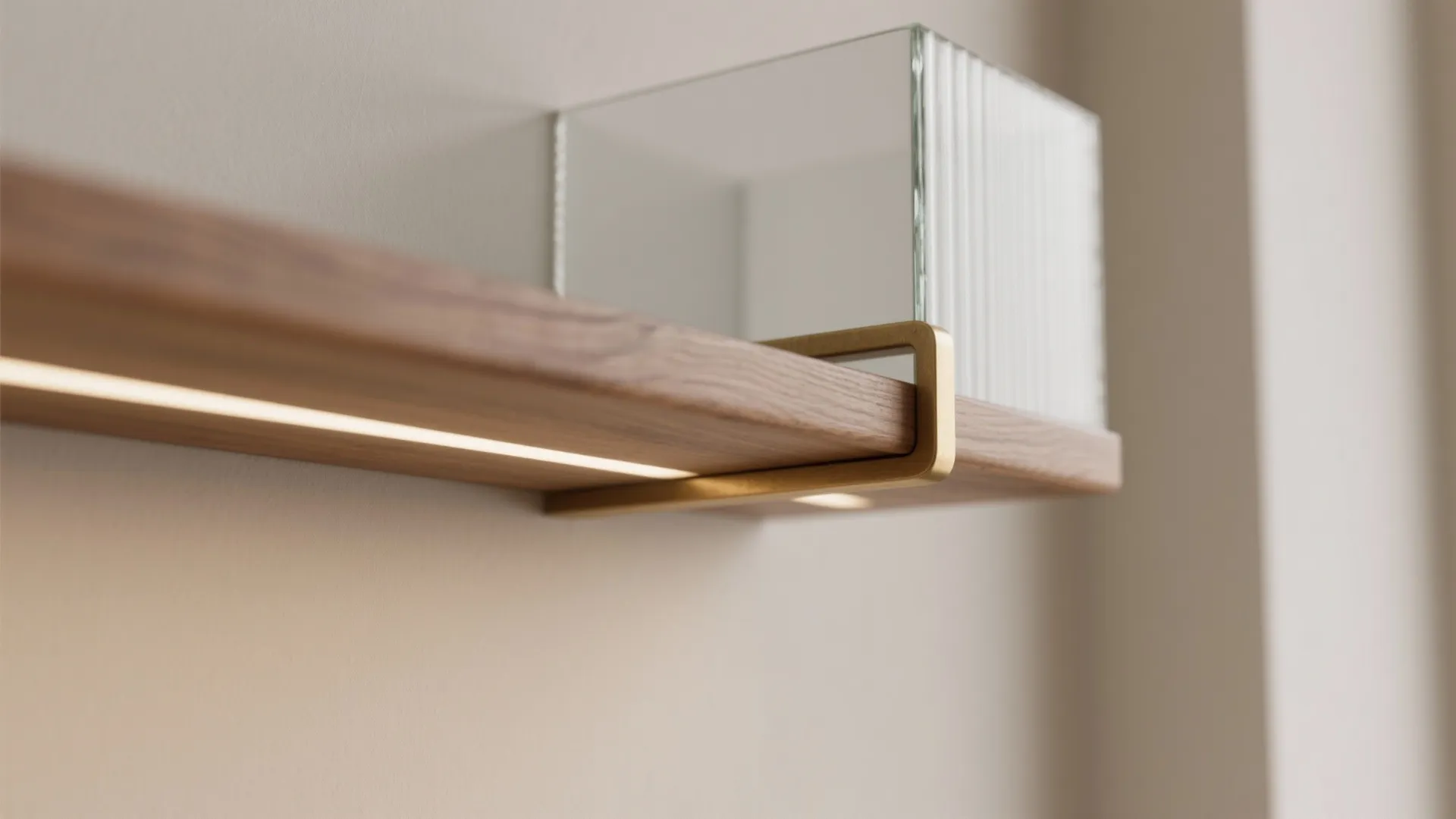 Close up of a wooden shelf with a gold metal bracket and an integrated light
