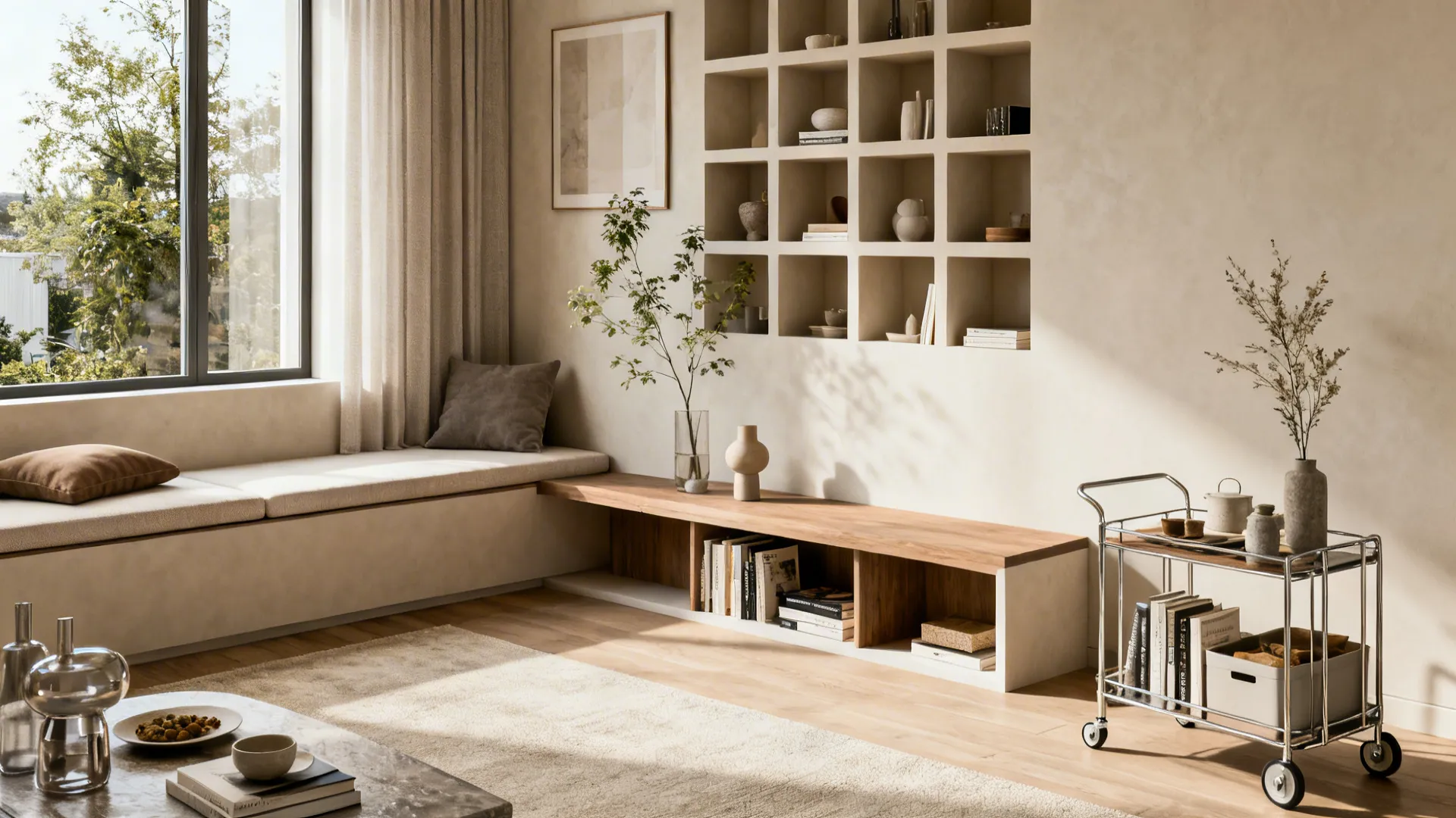 Living room collage showing built-in bench, cubbies, low console and trolley storage options