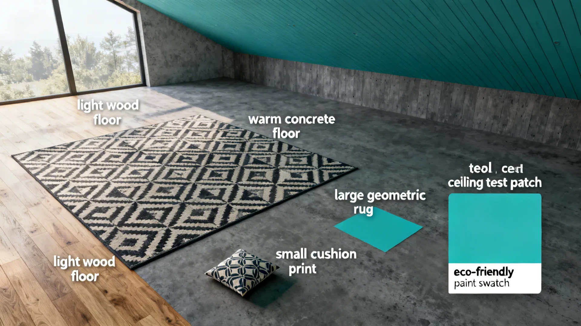 Visual FAQ showing floor options, pattern scales, teal ceiling test and eco paint swatches for charcoal and teal interiors