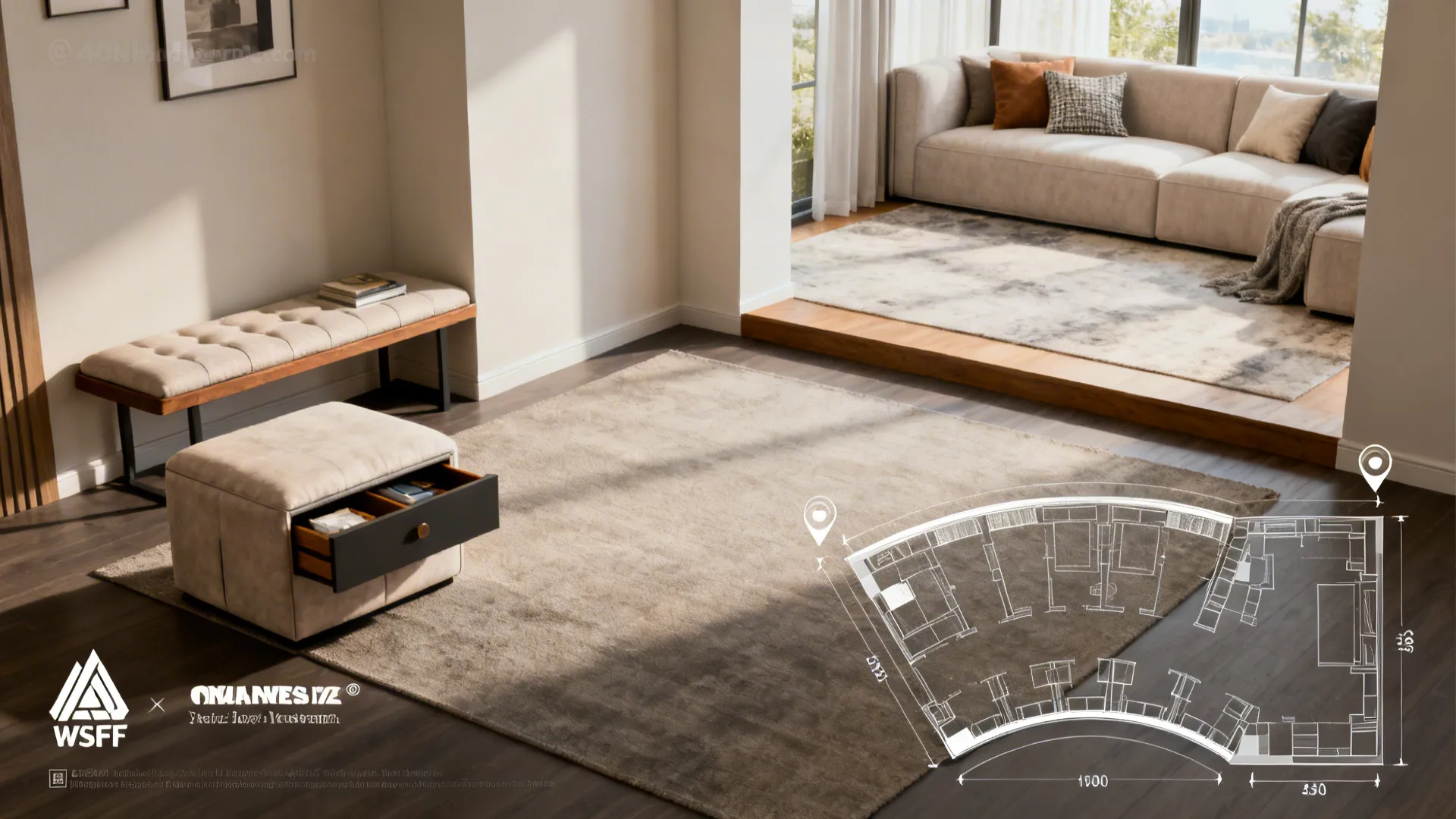 Editorial collage showing small room modular sofa solutions and planning icons.