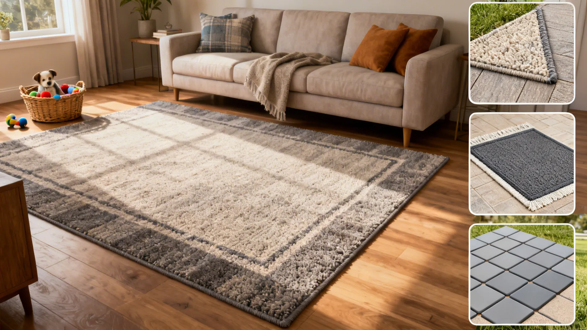 Collage-style living room vignettes showing different dog-proof rug options and care tips.