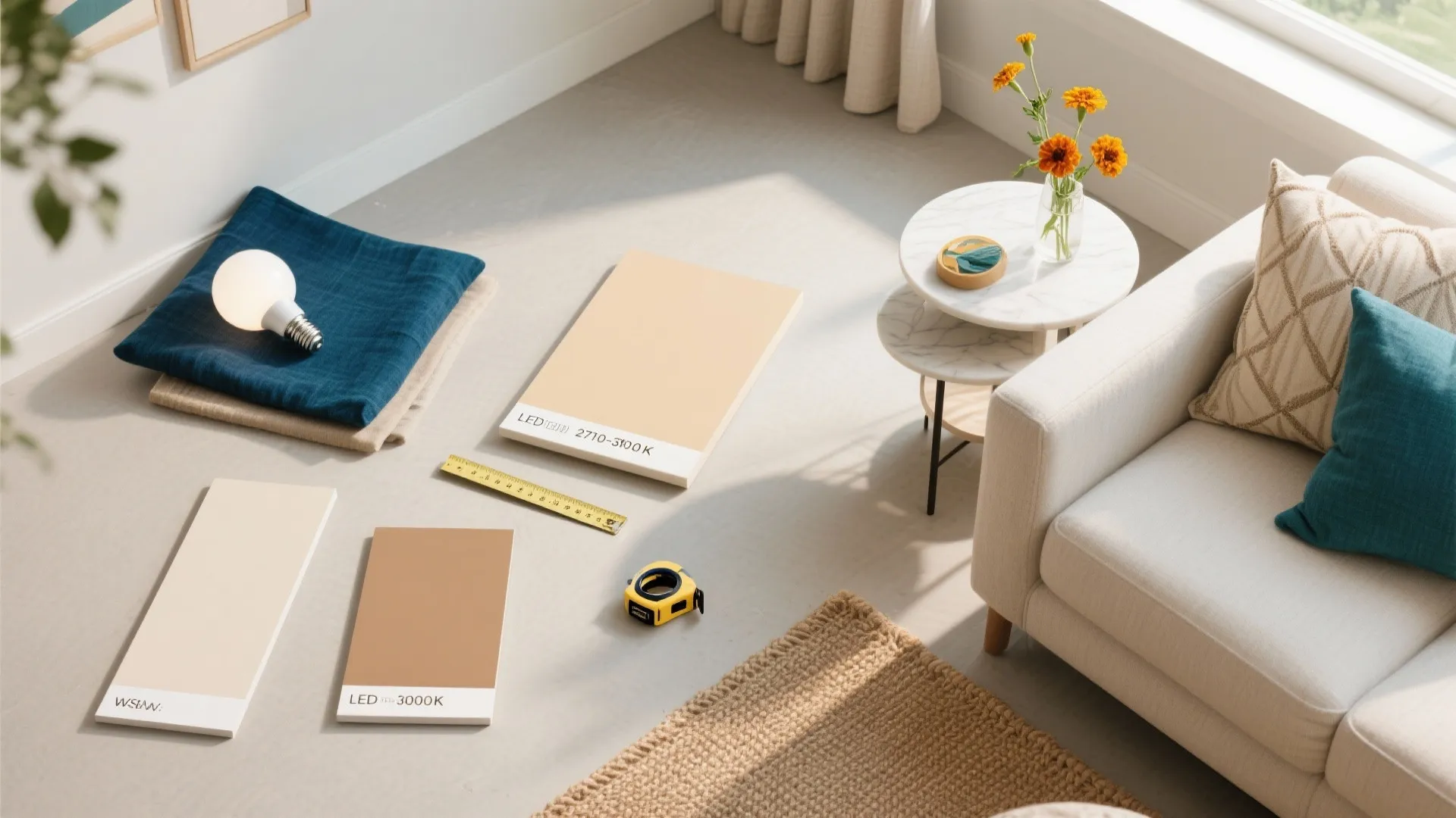 Interior design mood board with color swatches blue fabric light bulb tape measure and sofa