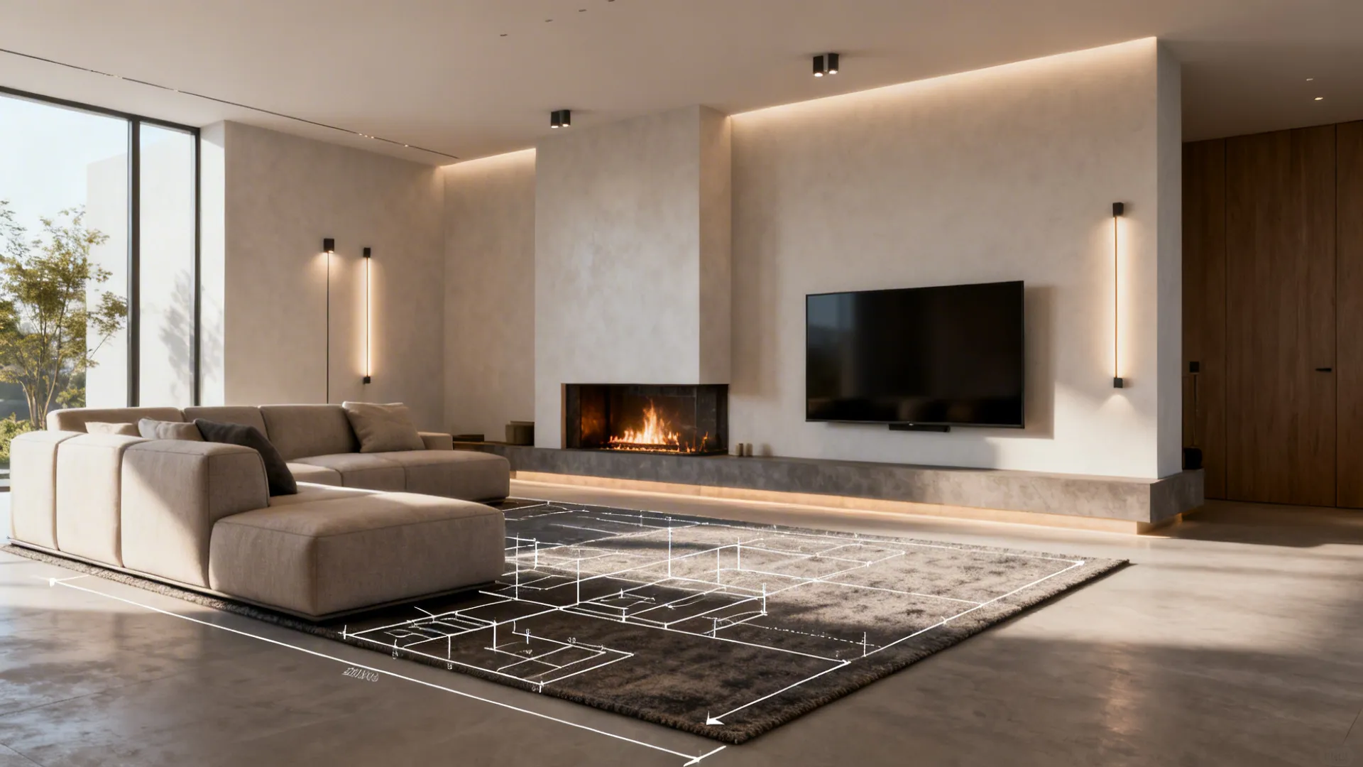 Editorial living room showing summarized solutions for TV and fireplace layout with cohesive decor.
