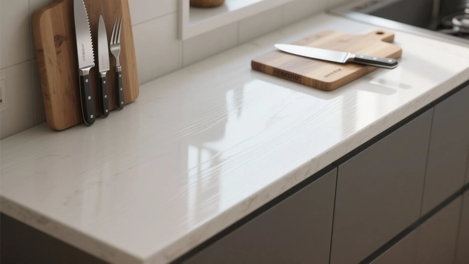 Close-up of cured painted Formica surface with cutting board nearby, showing finish detail and advising against direct cutting