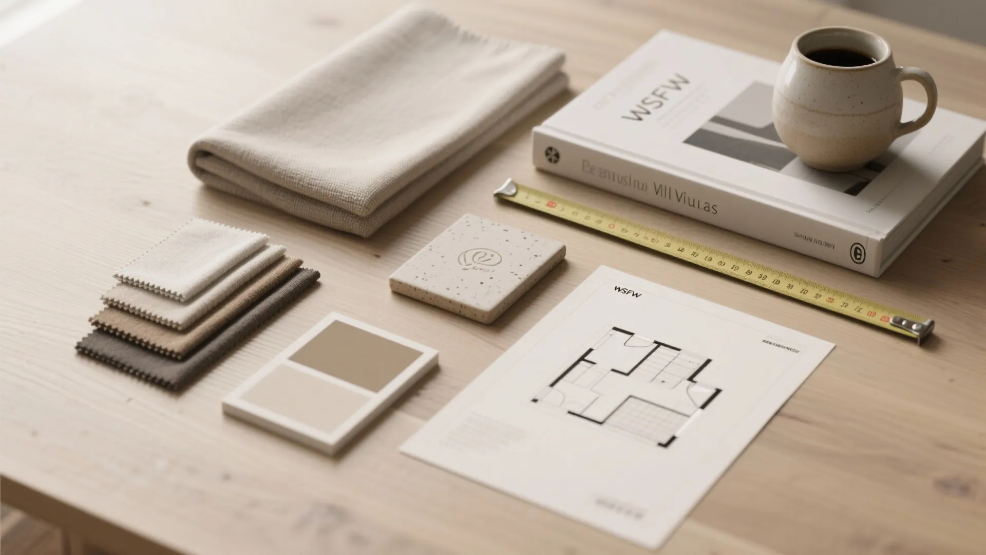 Flatlay of neutral fabric swatches, paint chips and a small floorplan sketch for neutral living room planning.