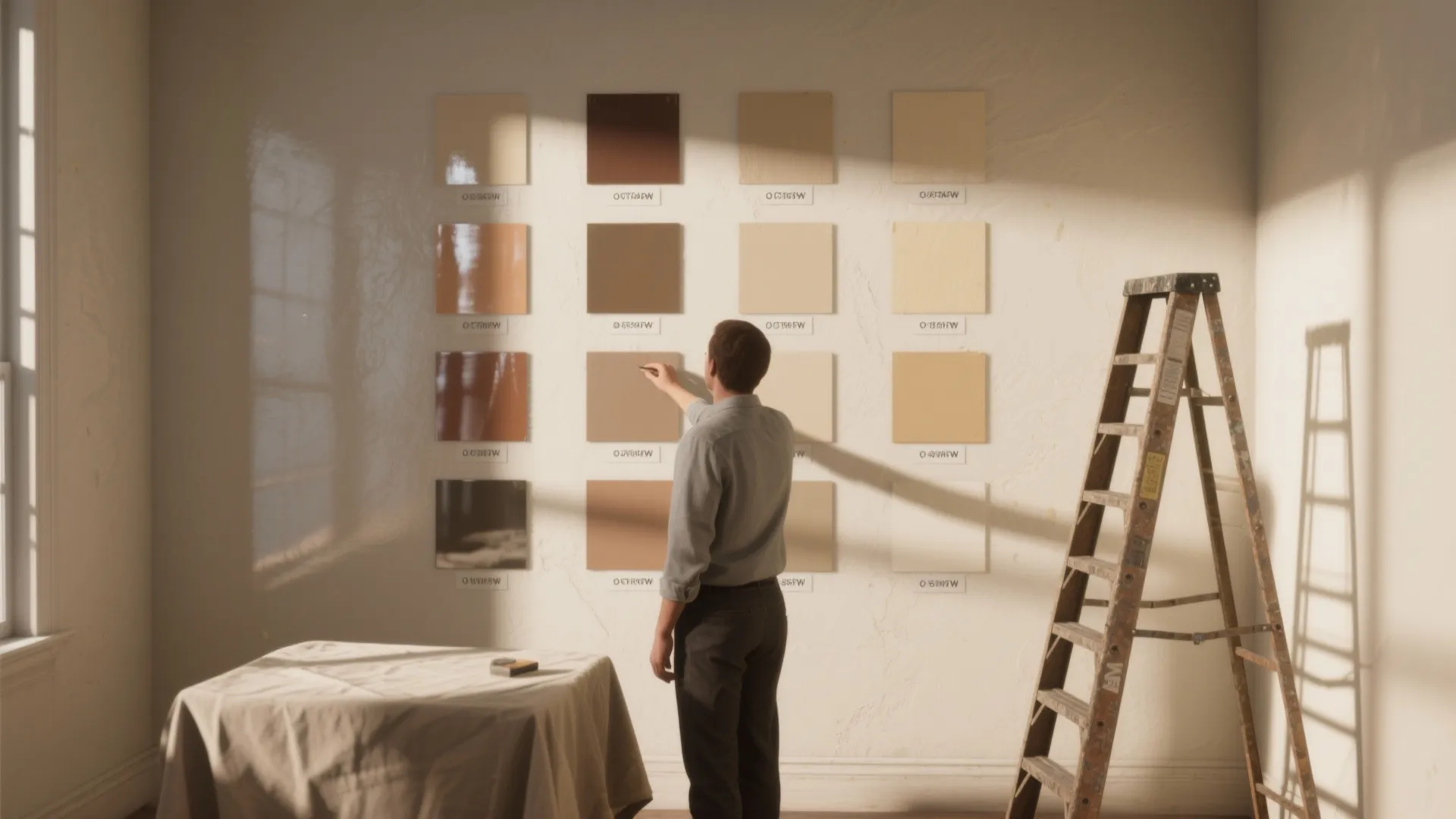 Man pointing at square wall paint color swatches during home renovation with ladder and table