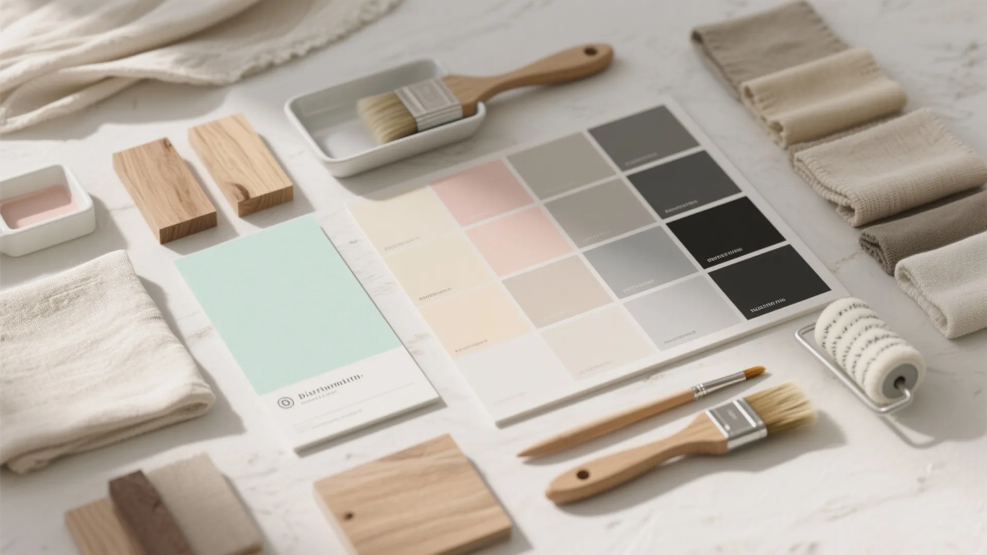 Interior design mood board with paint color swatches wood samples fabric pieces and painting tools