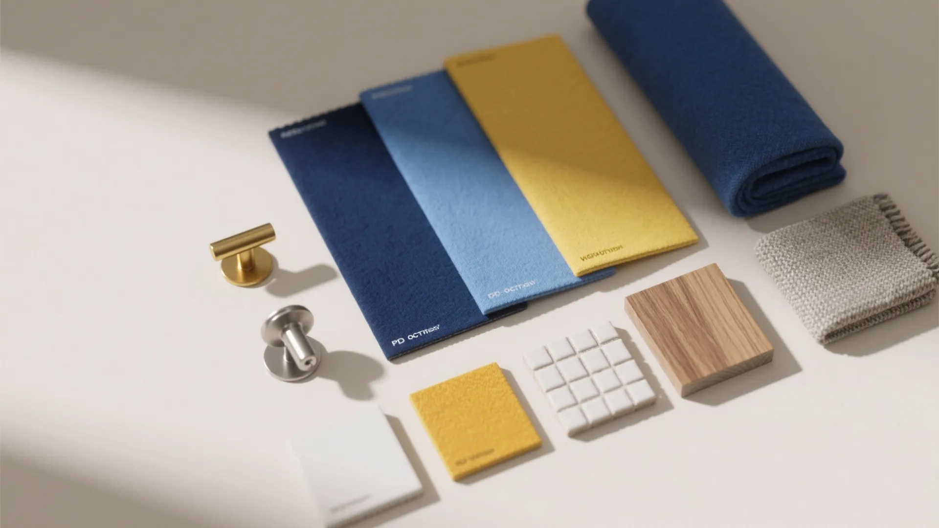 Interior design material board with blue fabric samples wood block tiles and gold cabinet knobs