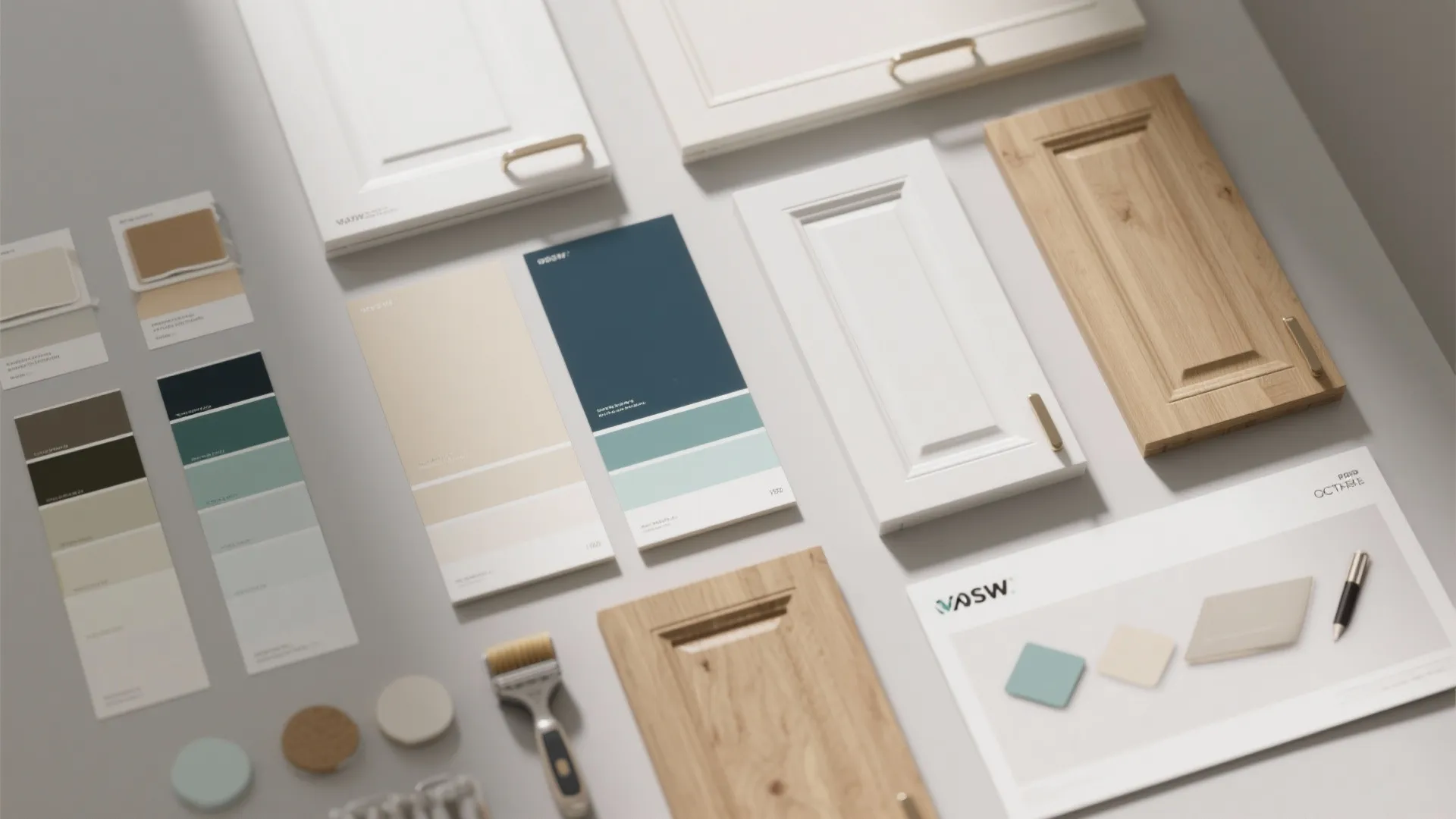 Flat lay of interior design materials including cabinet door samples color swatches and hardware accessories
