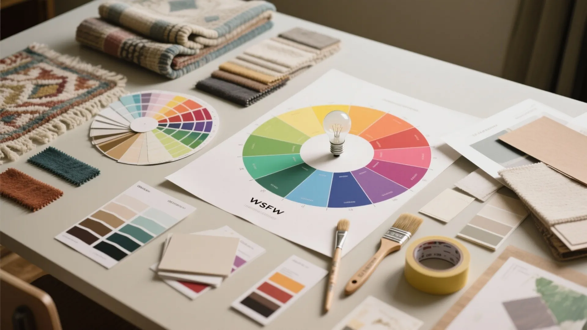 Interior design table with color wheels, fabric samples, paint brushes, and light bulb for planning