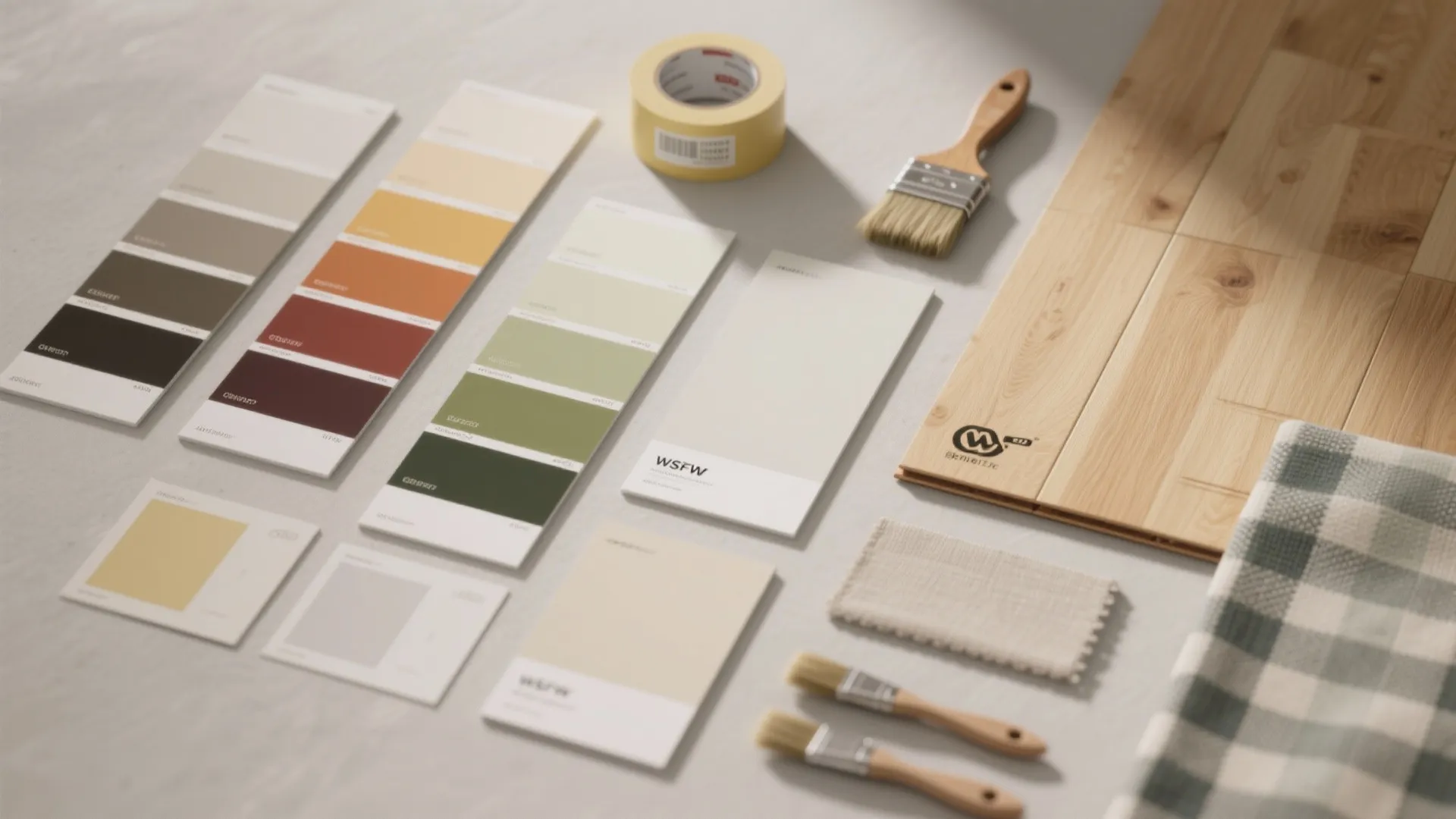 Interior design mood board with color samples wood flooring brushes tape and fabric on white table