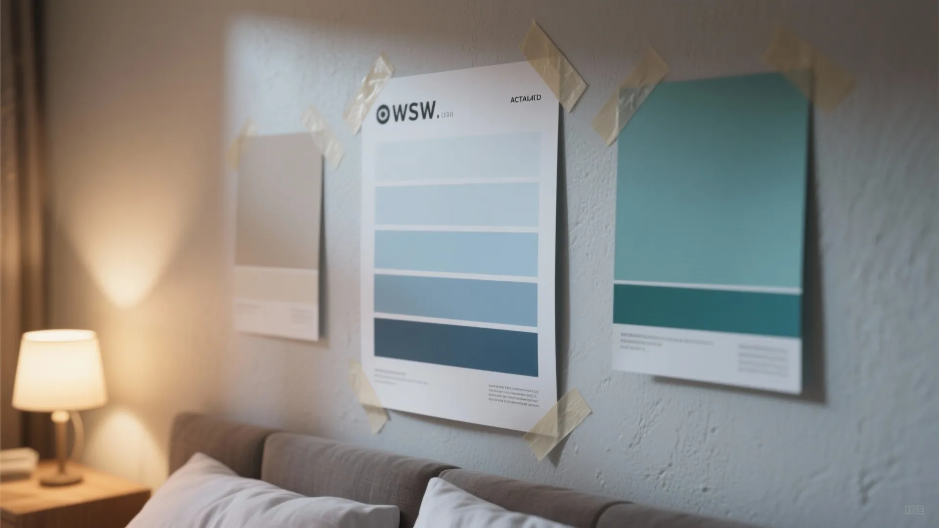 Blue and grey color swatches taped on bedroom wall above headboard with warm side lamp