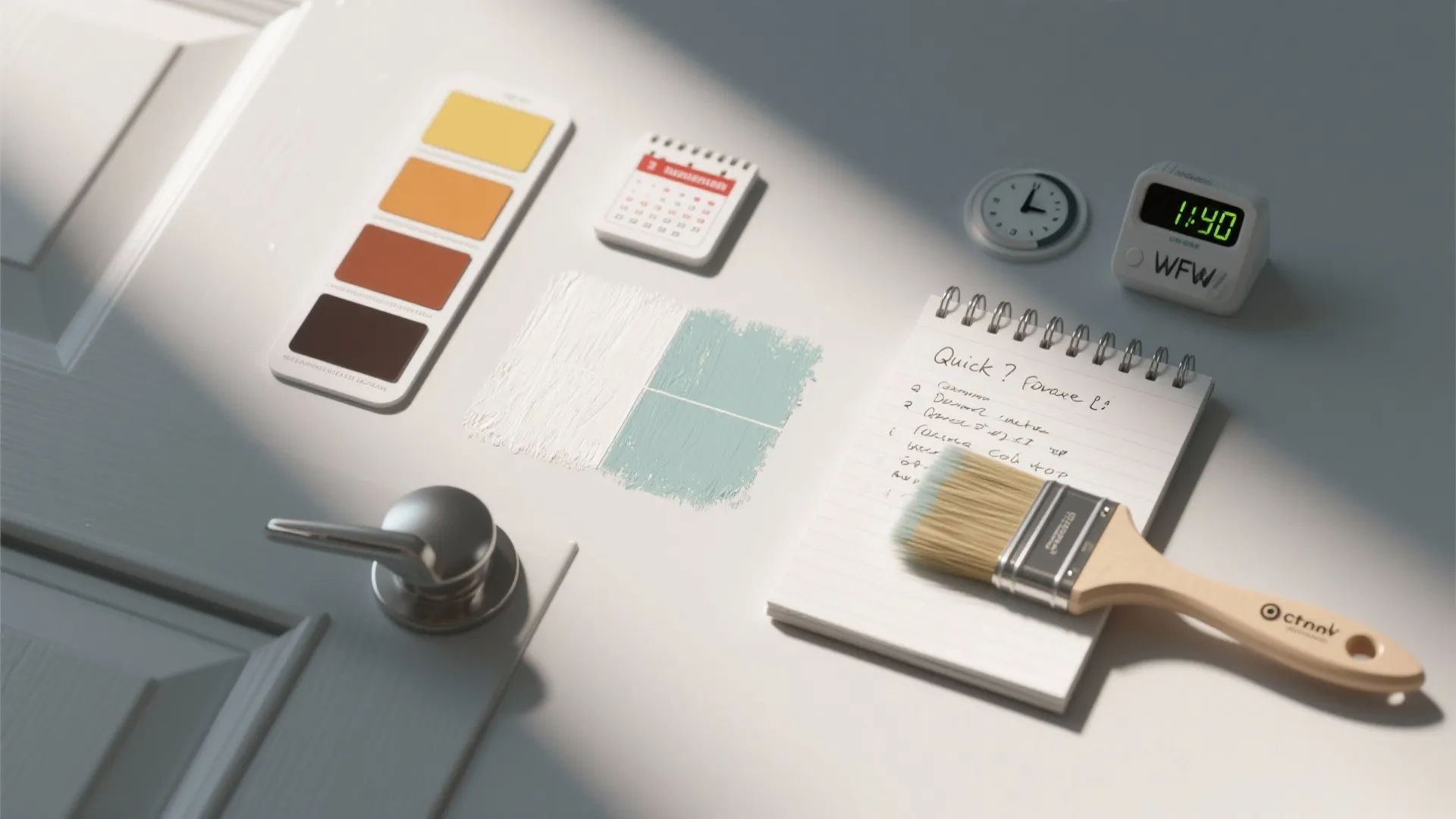 Paint swatches brush notebook and color palette on white door for home interior renovation project
