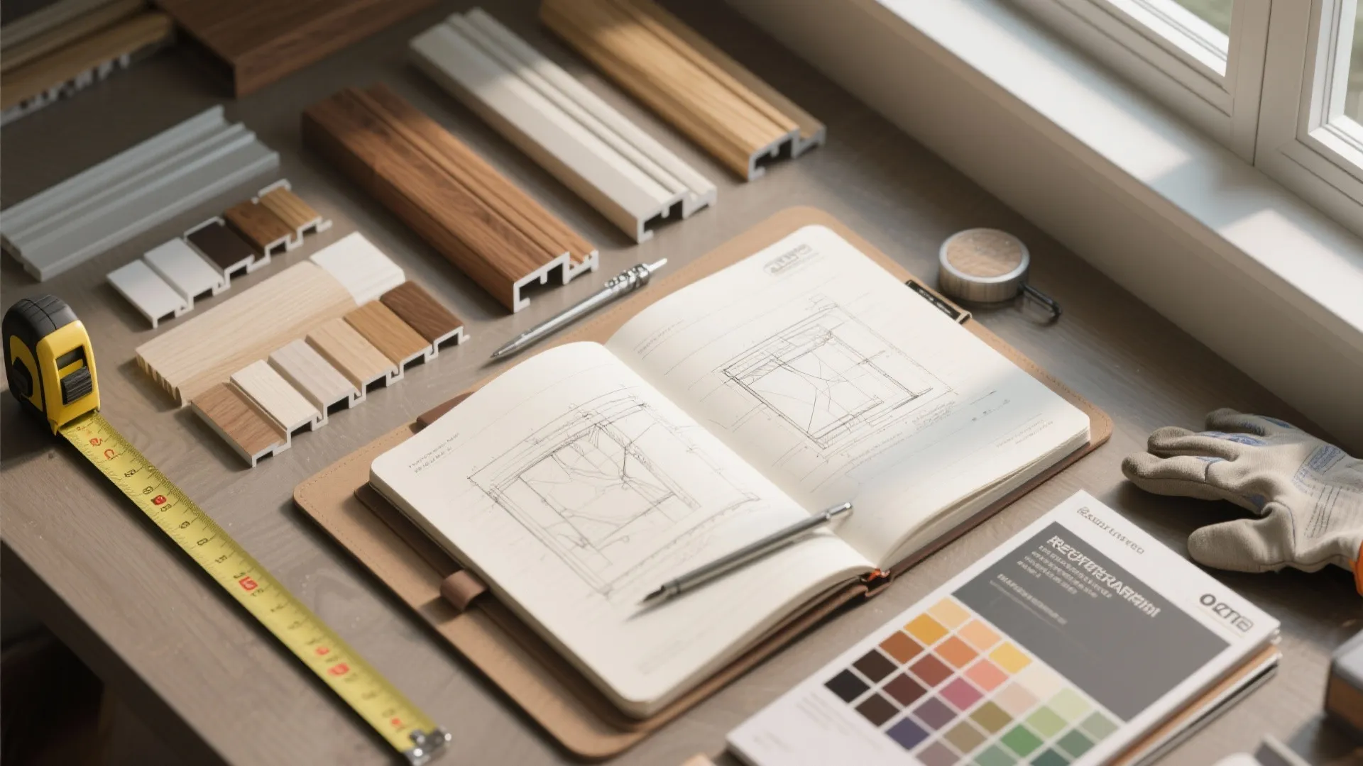 Work desk with open notebook showing interior design drawing wood samples tape measure and gloves