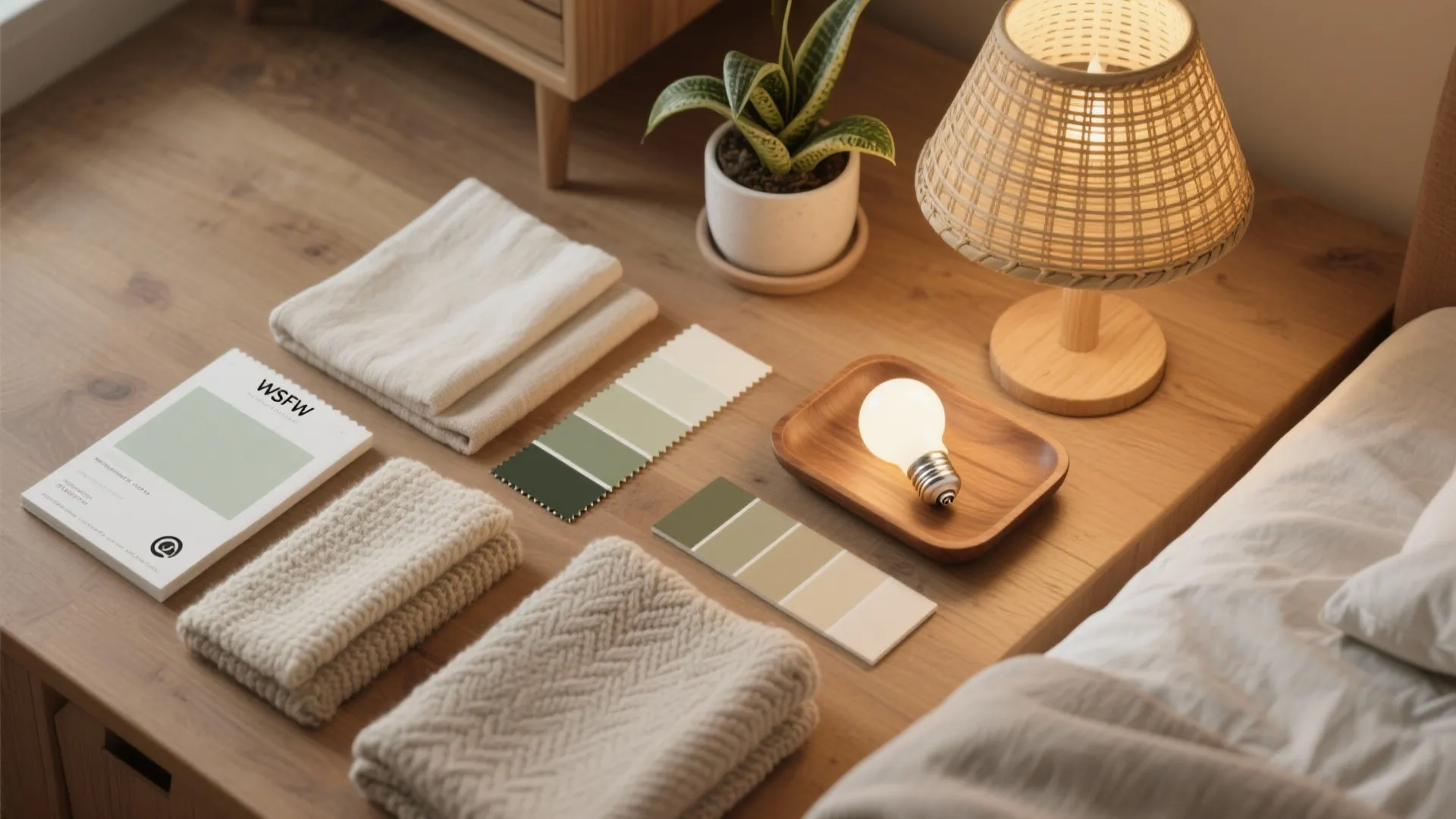 Green and beige color swatches folded fabric towels and small table lamp on wooden surface