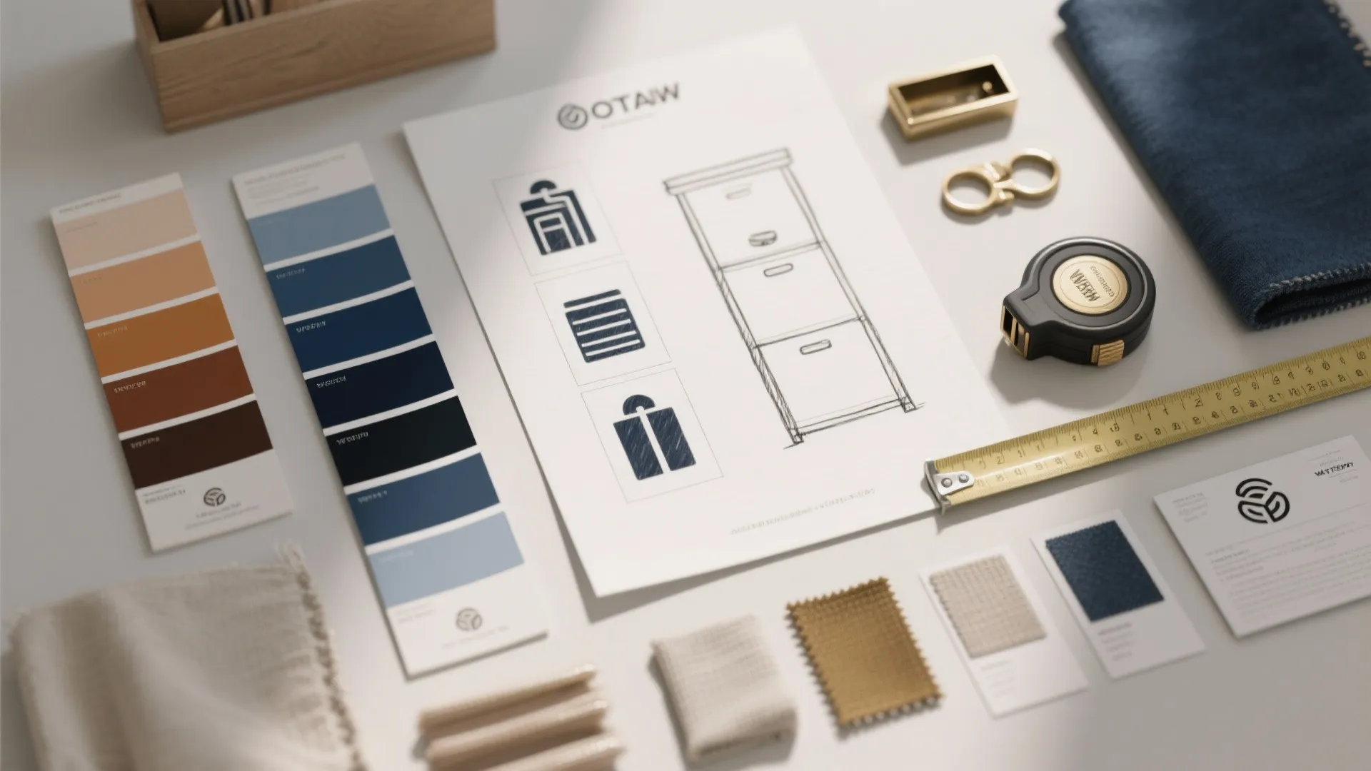 Interior design tools with color swatches, furniture drawing, tape measure, fabric samples, and gold accessories